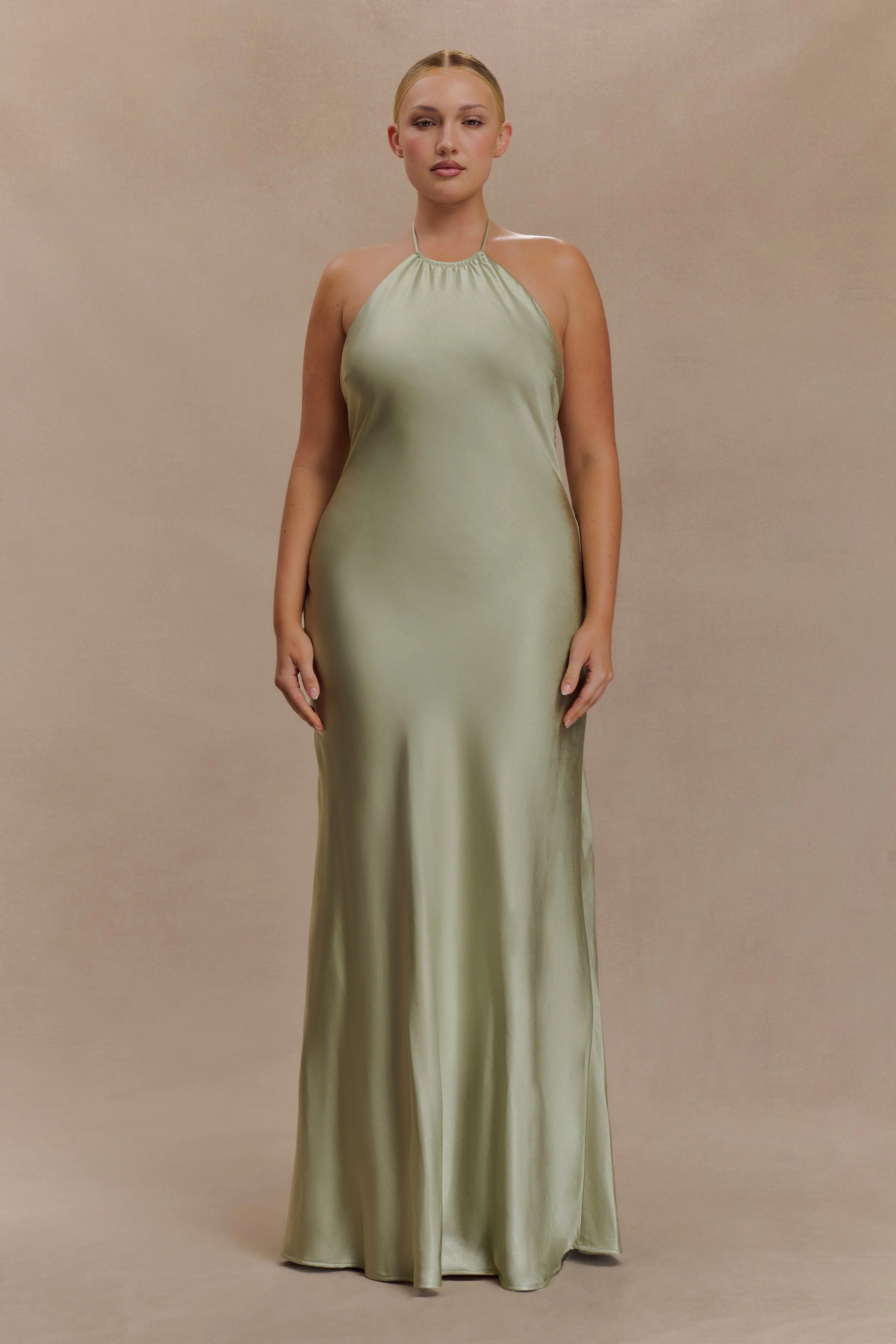 Bella Satin Halter Maxi Dress Sage