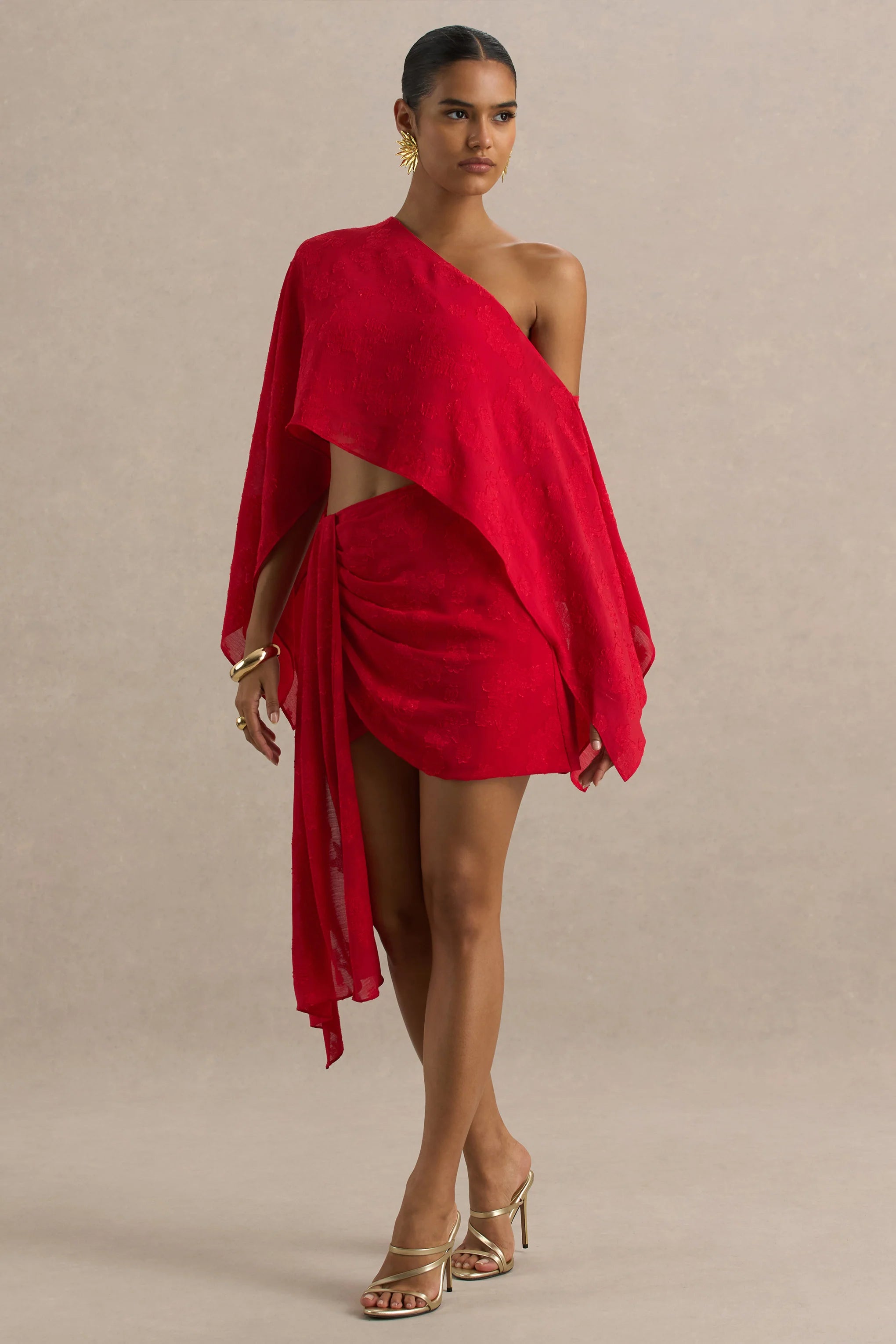 Melania Red Satin Devore Wrap Mini Skirt With Sash Detail