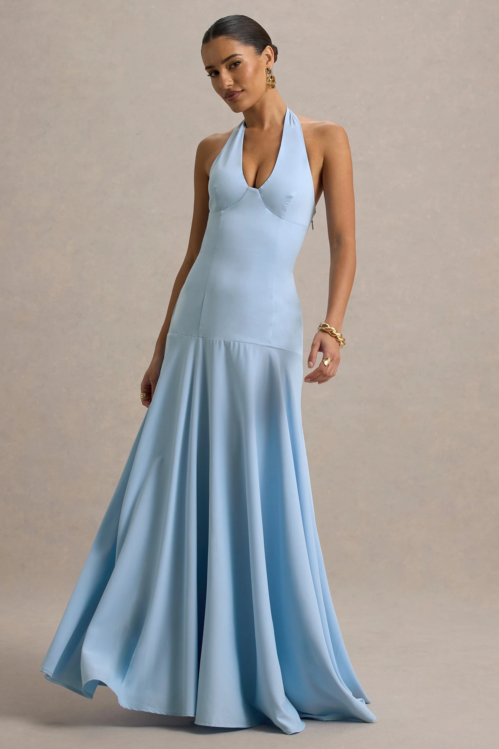 Ginevra Powder Blue Halter Neck Slip Maxi Dress