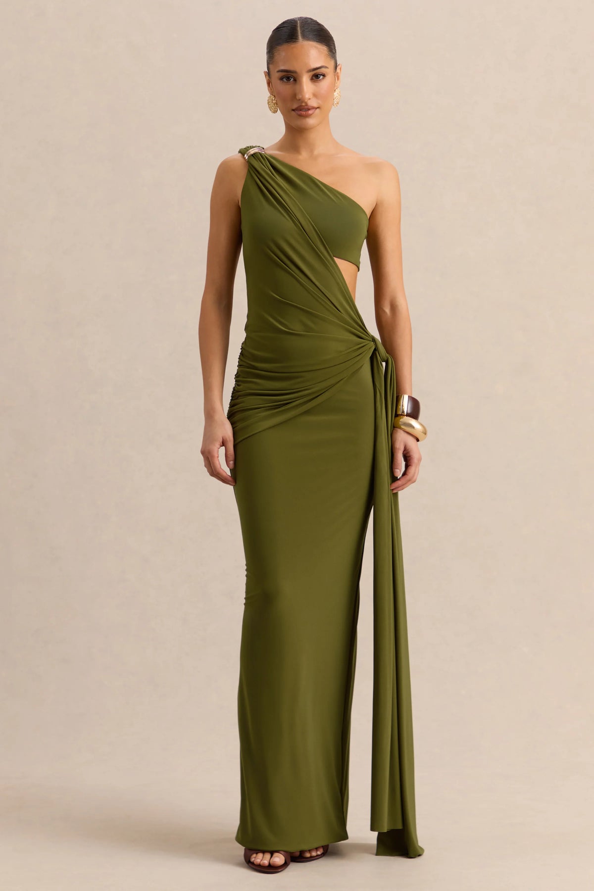 Clarosia Green Asymmetric Neck Maxi Dress With Cut Out With Sash