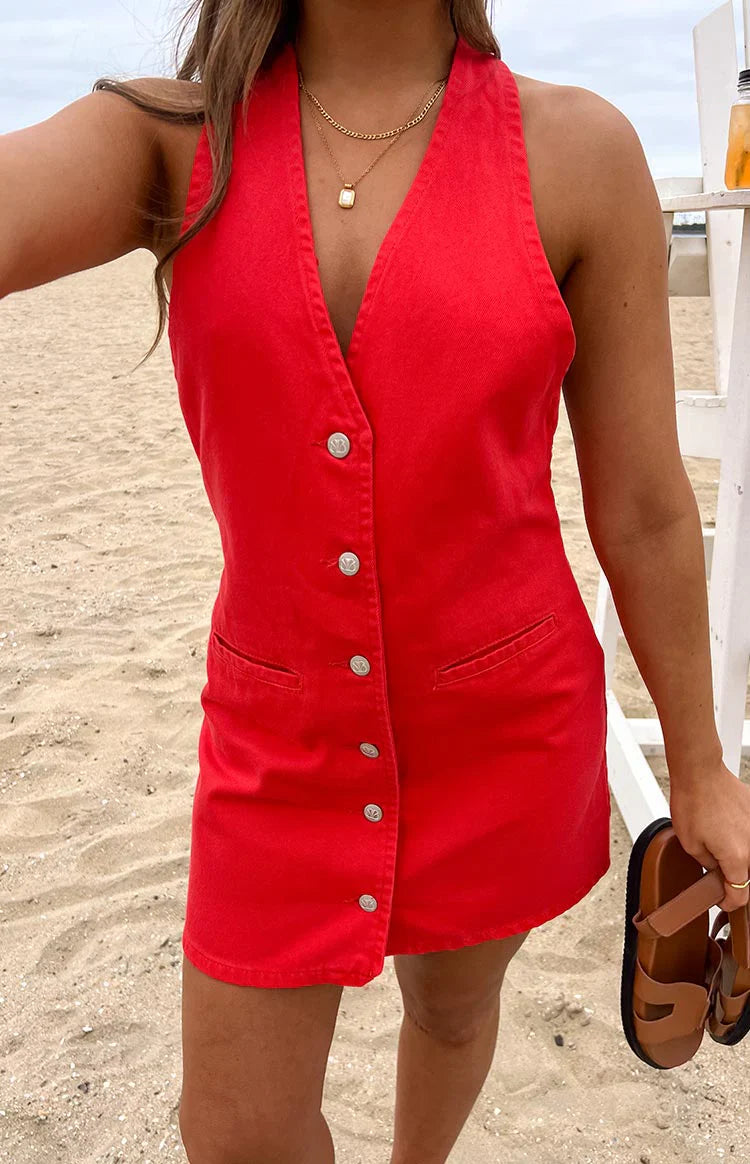 Corbin Red Denim Halter Neck Mini Dress