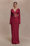Kaya Long Sleeve Satin And Mesh Maxi Dress Wine