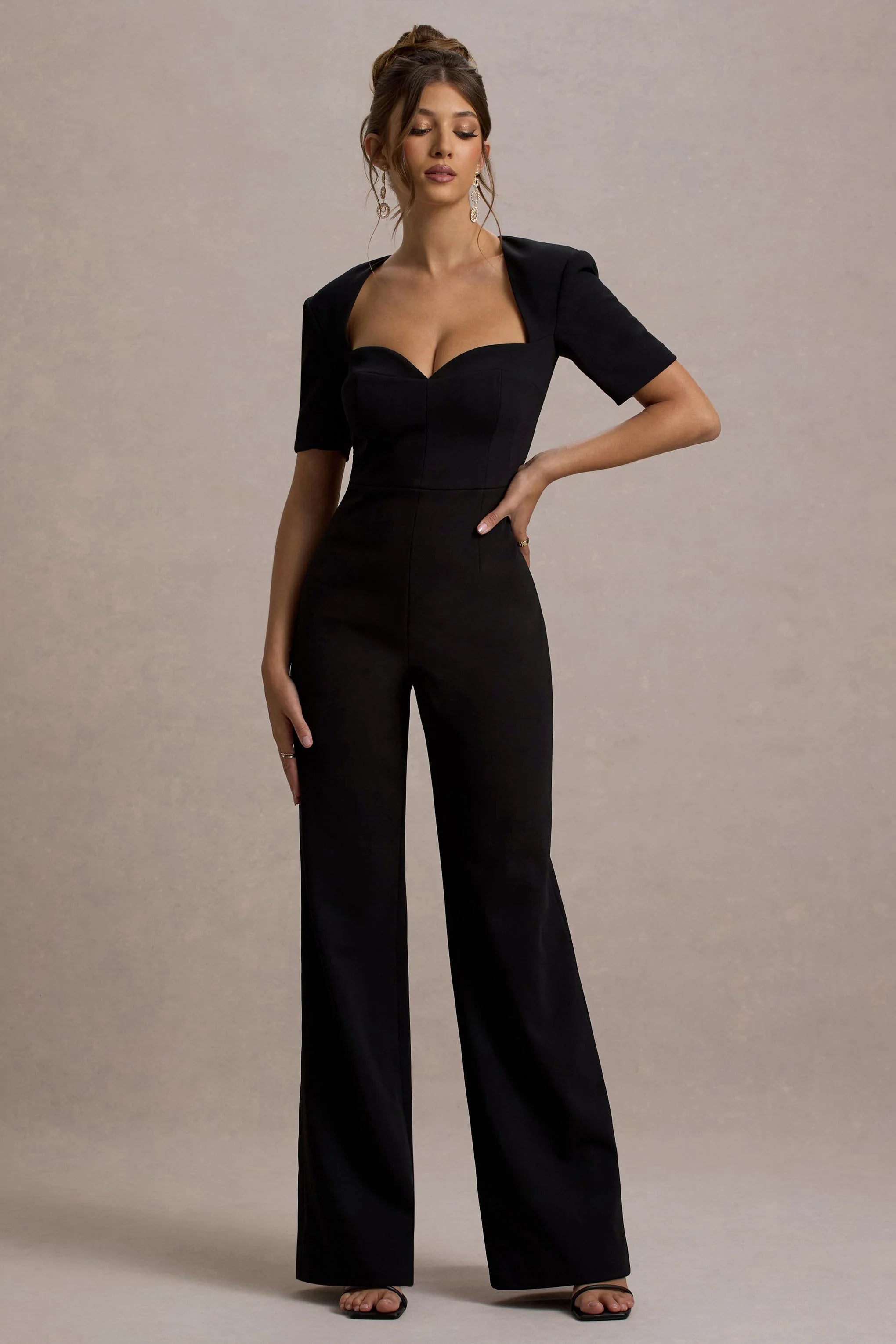 Simone Black Sweetheart Short Sleeve Wide Leg Jumpsuit