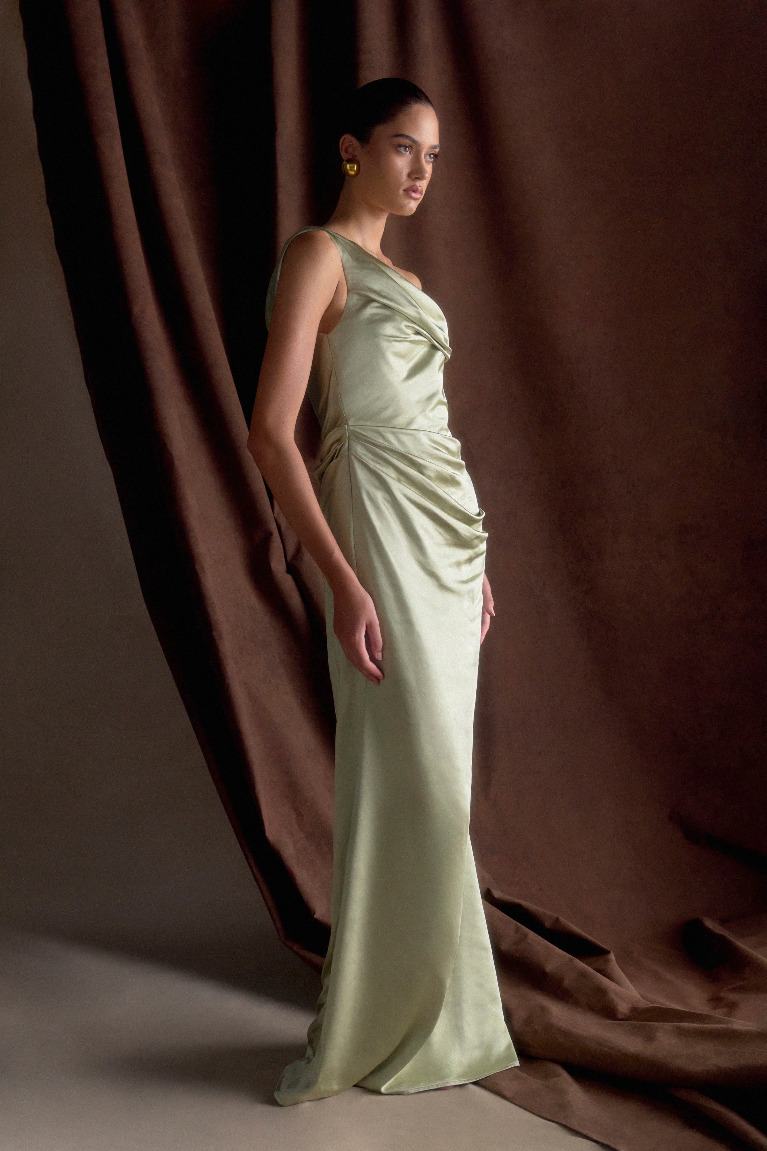 Dalia Off Shoulder Satin Maxi Dress Sage