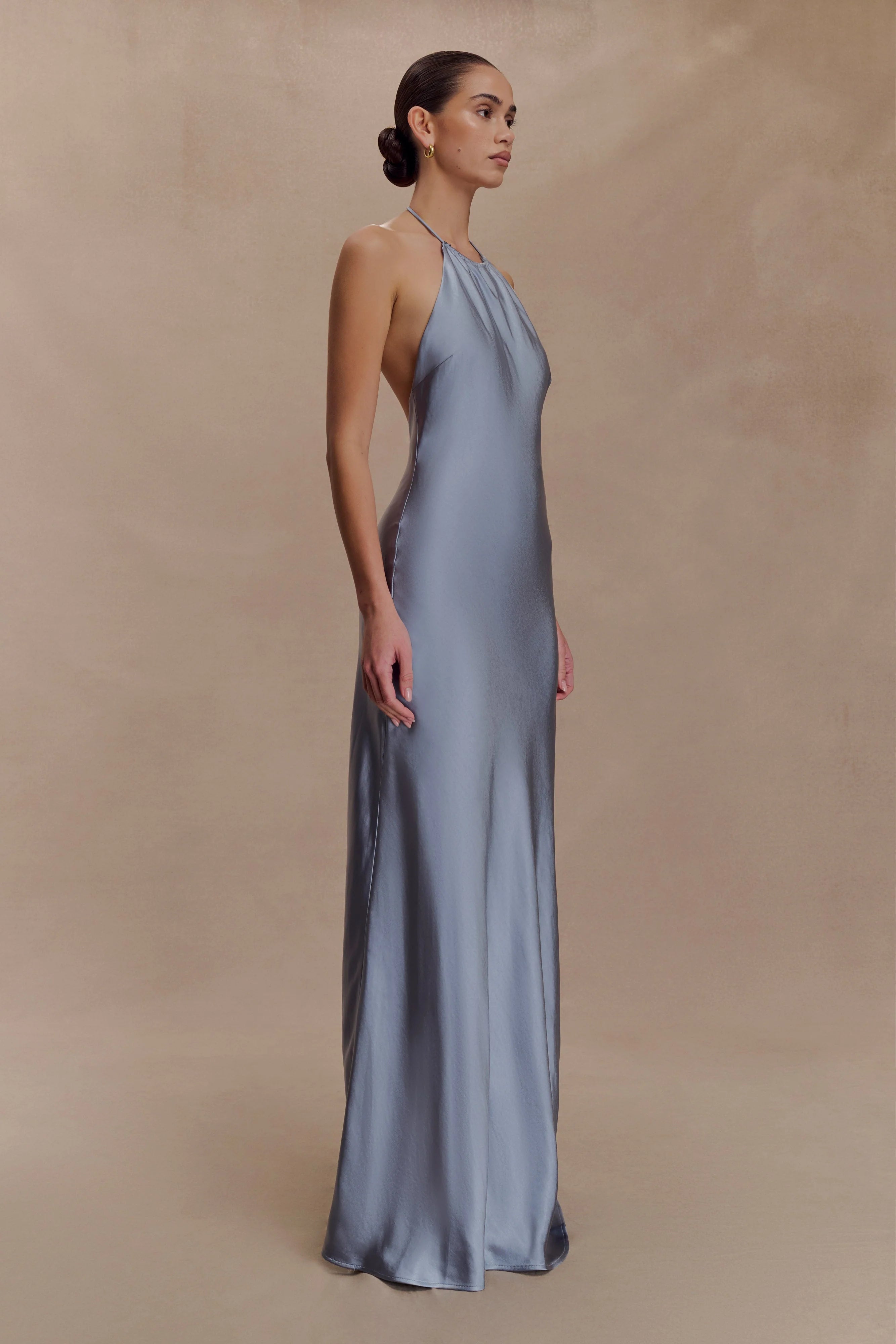 Bella Satin Halter Maxi Dress Frosted Blue