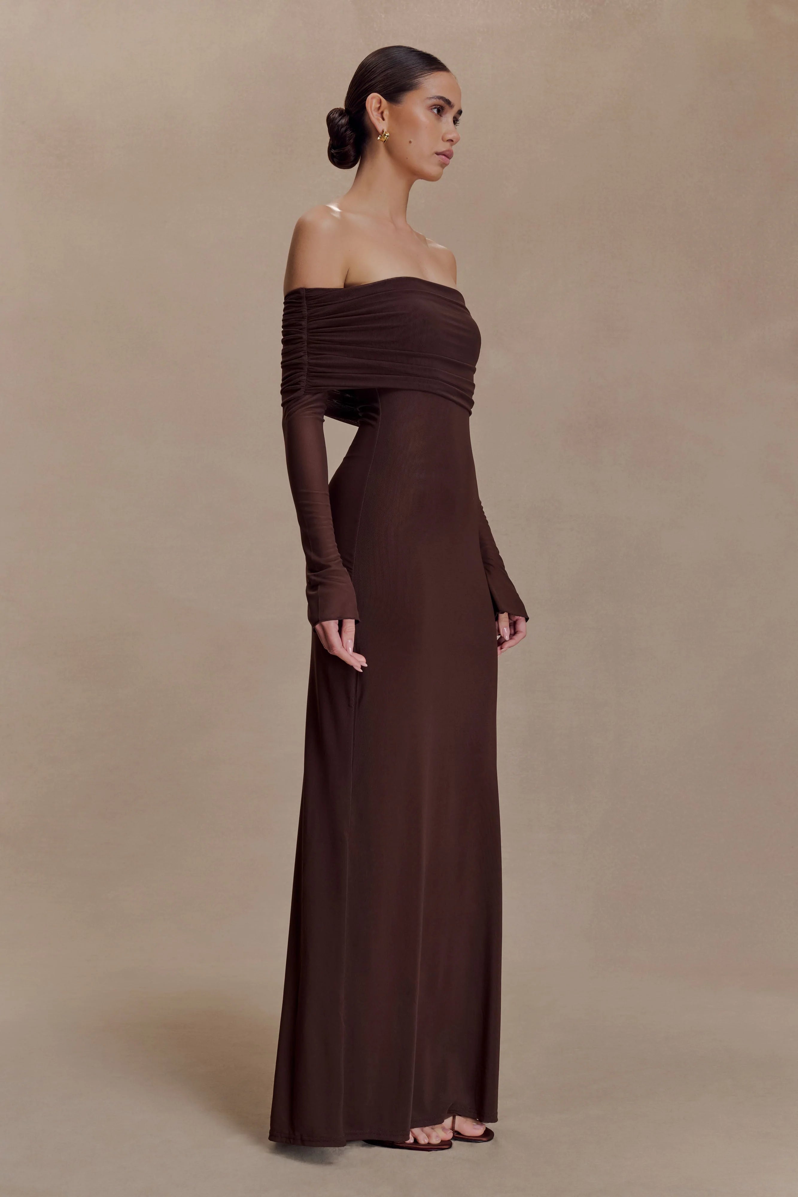 Josie Off Shoulder Mesh Maxi Dress Dark Brown