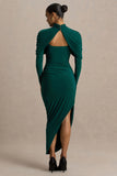 Aneira Bottle Green High Neck Maxi Dress With Cape Sleeves