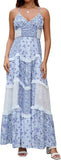 Women Floral Maxi Dress Spaghetti Straps V Neck Patchwork Flowy Boho Sundress Tiered Long Dresses