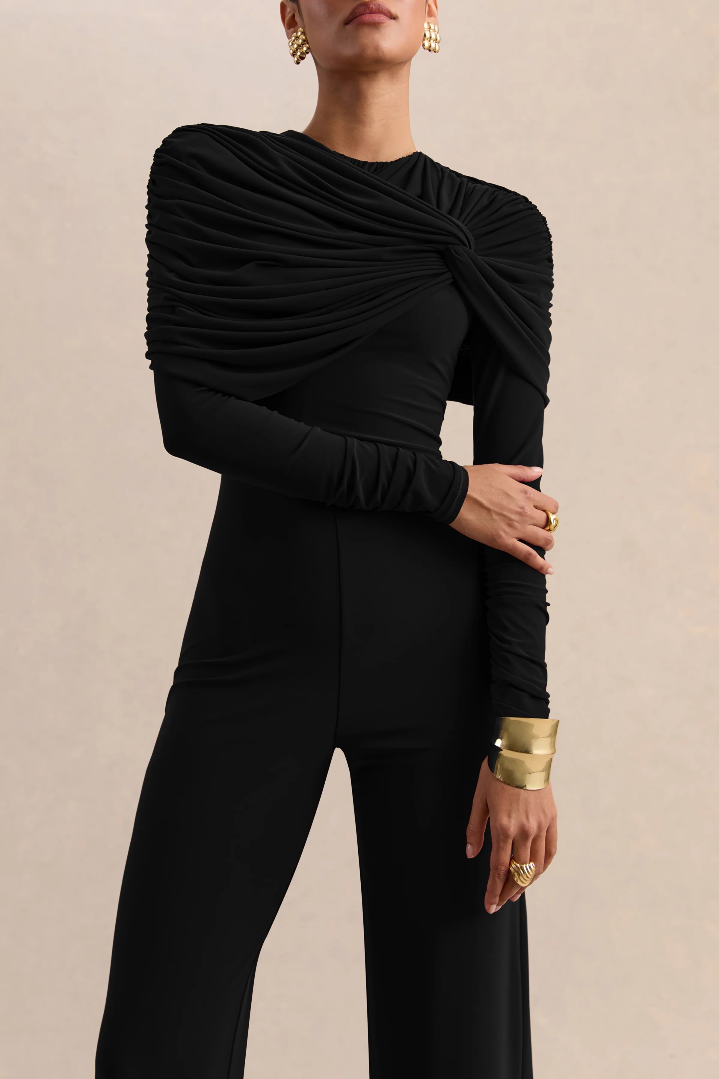 Eloura Black High Neck Jumpsuit With Twist Gathered Detail