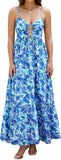 Women Floral Maxi Dress Tie Front Cut Out Backless Boho Spaghetti Strap Summer Beach Sundress