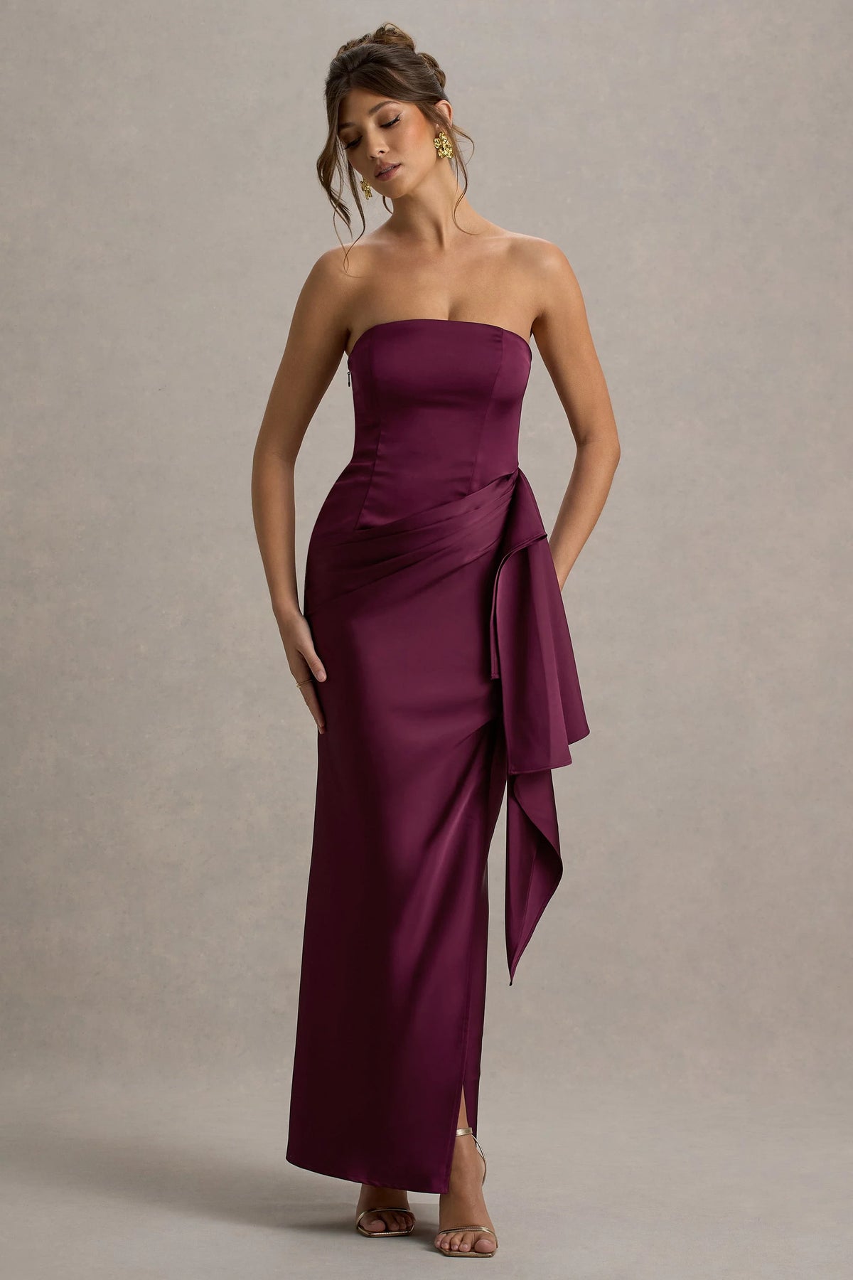 Loz Burgundy Satin Bandeau Draped Maxi Dress