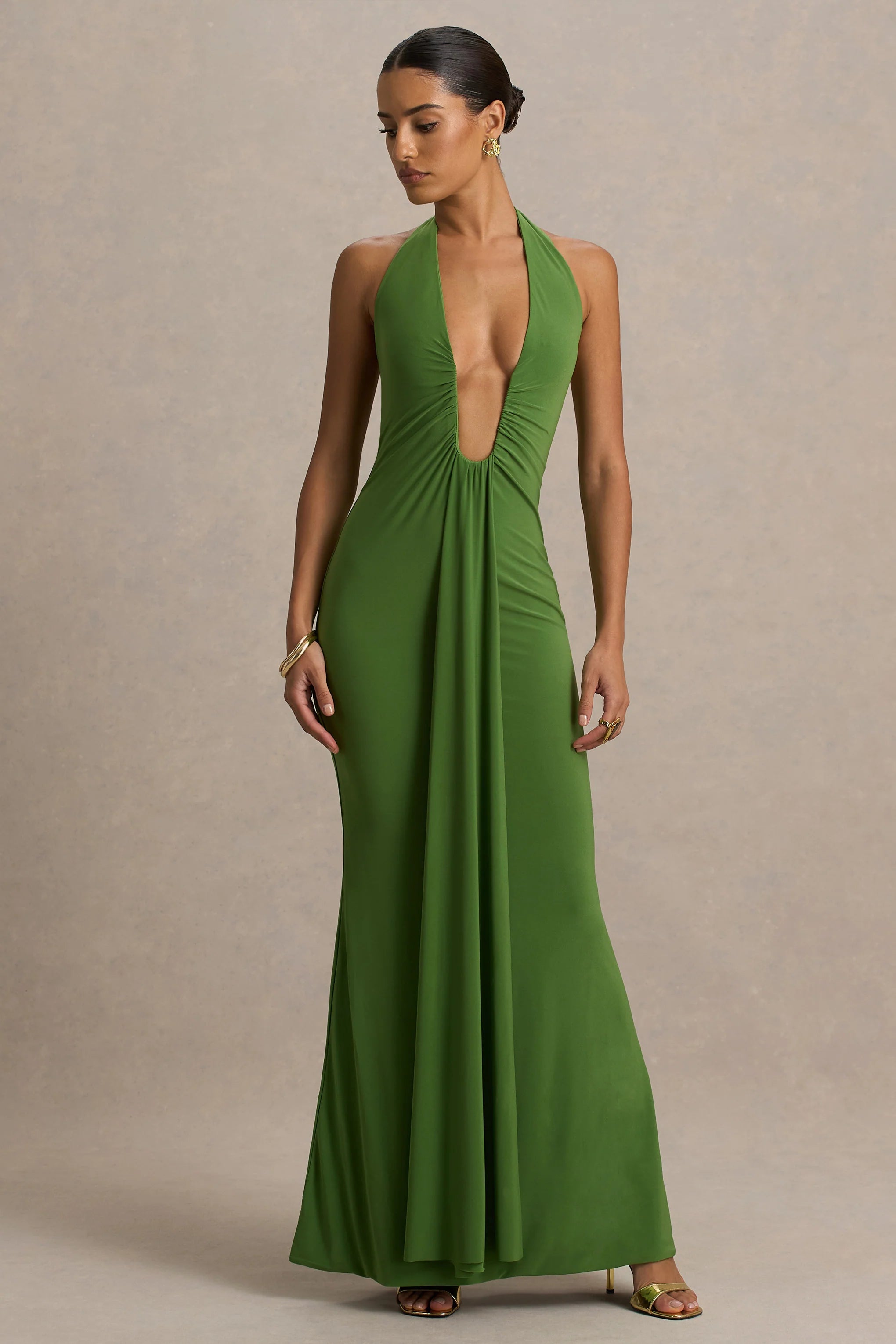 Hera Green Extreme Plunge Maxi Dress With Ruched Detail