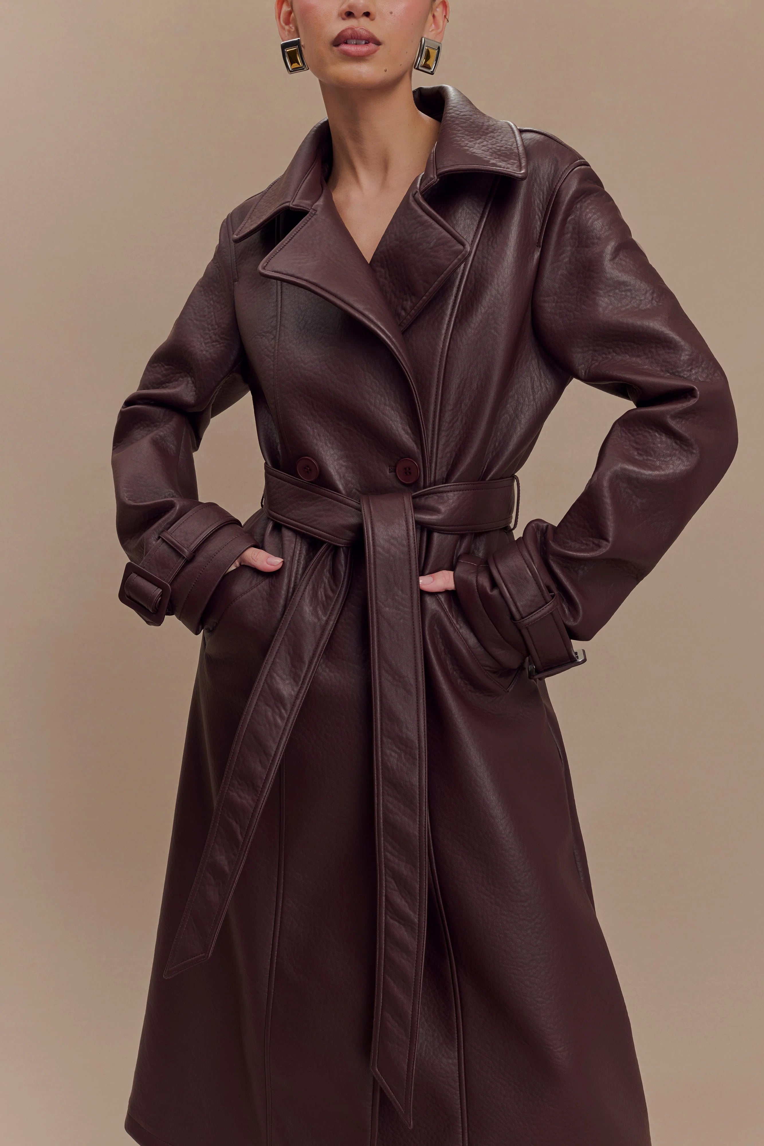 Tarah Faux Leather Trench Coat Cacao Brown