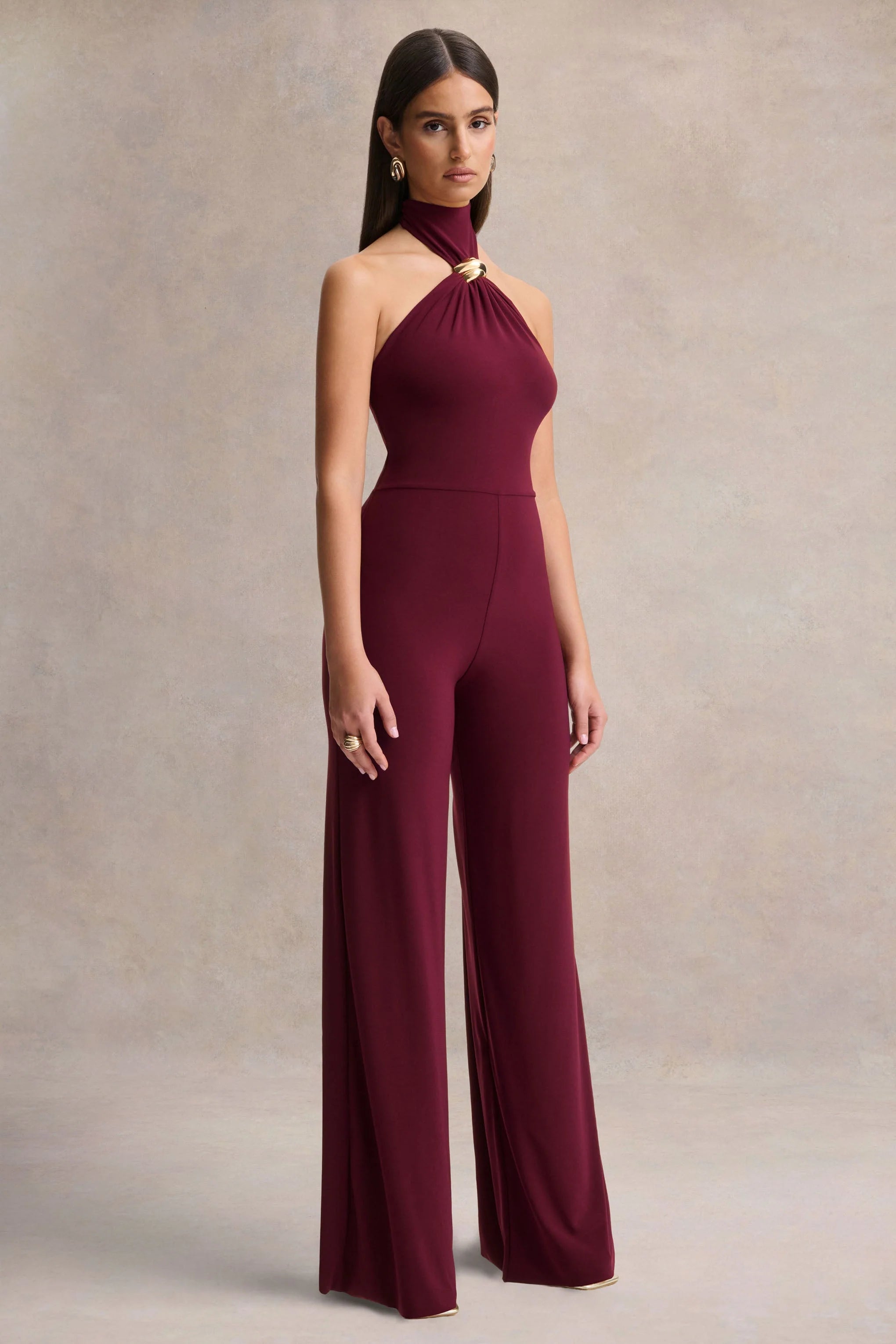 Gwen Burgundy High Neck Jumpsuit With Gold Detail