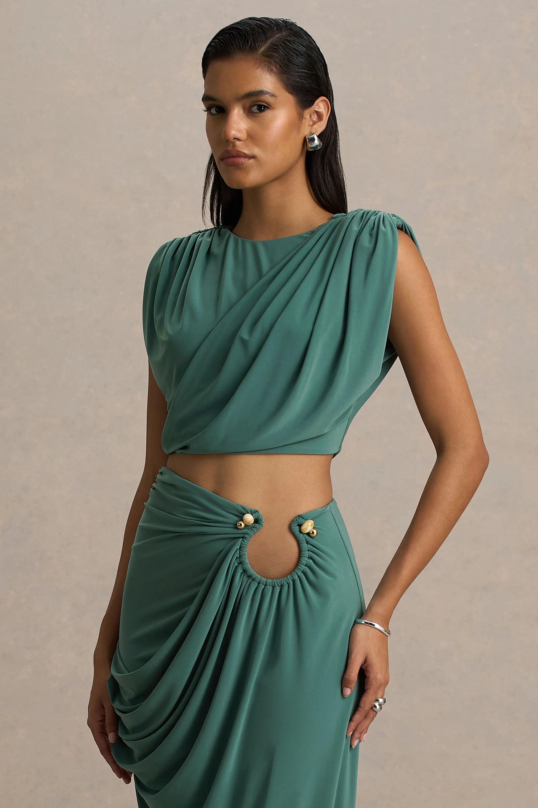 Tilda Green Crew Neck Crop Top With Ruched Detailing