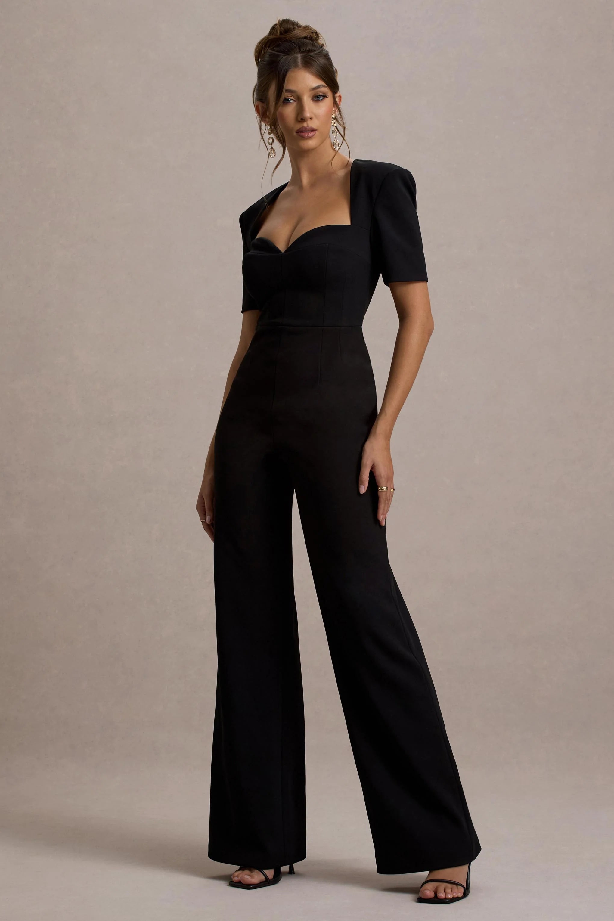 Simone Black Sweetheart Short Sleeve Wide Leg Jumpsuit
