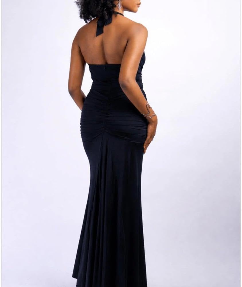 Women Deep V Neck Ruched Maxi Dress Sleeveless Halter Gown Cocktail Evening Formal Dresses