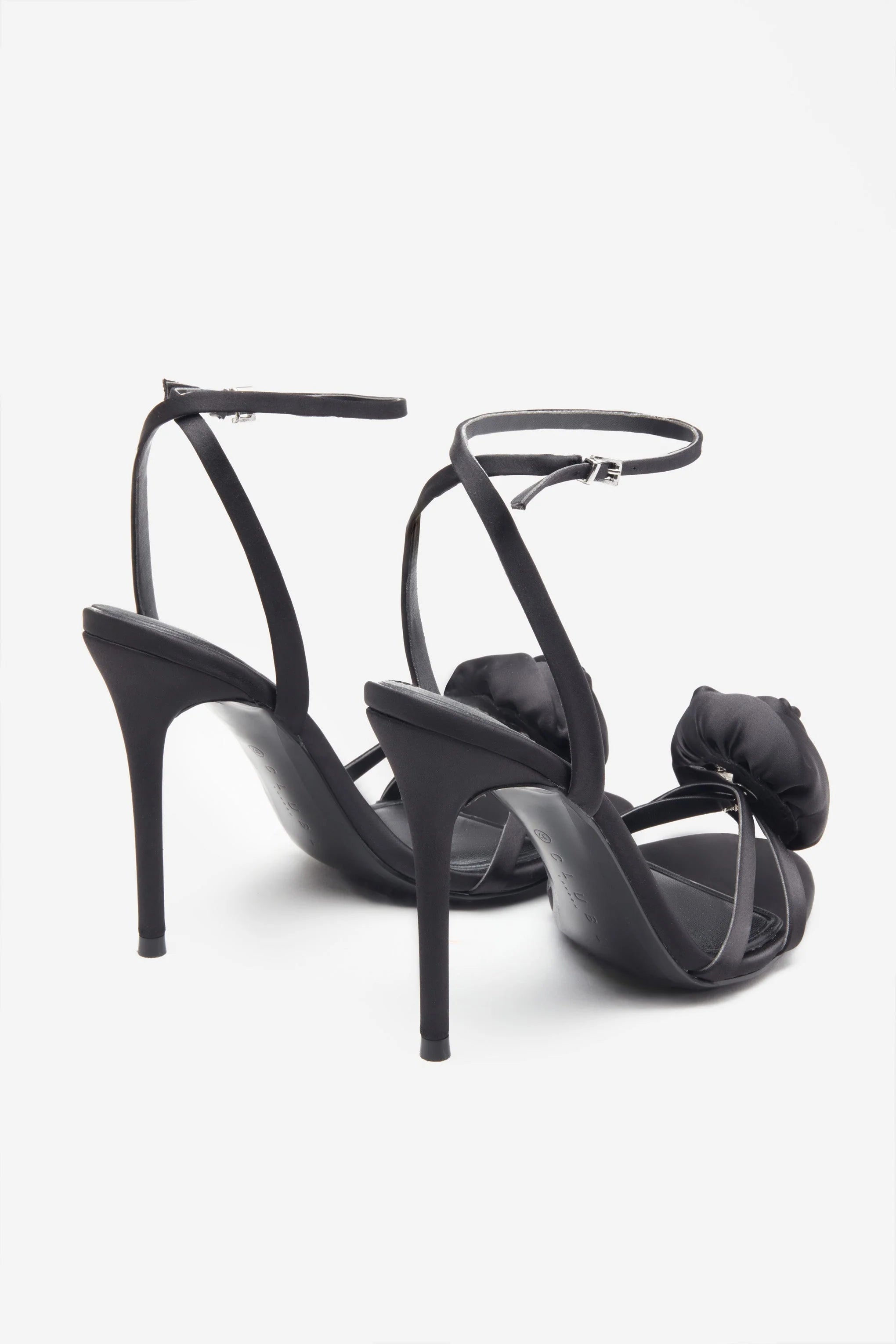 Sweet Step Black Satin Strappy Heeled Sandals With Flowers