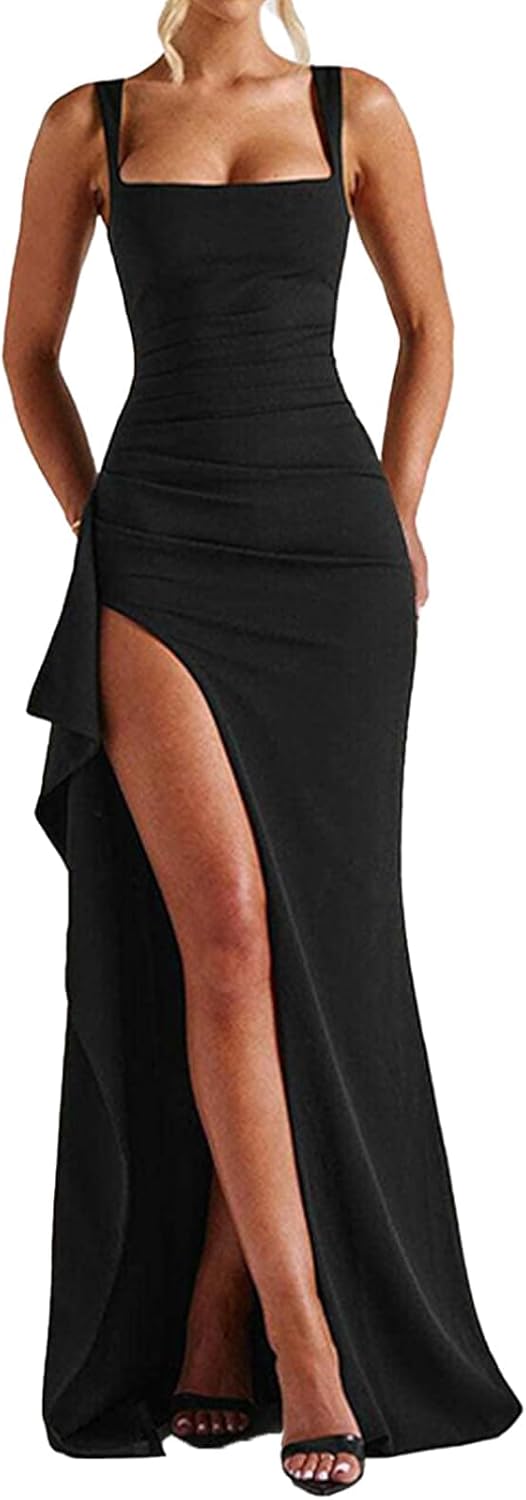 Women Formal Dresses Sleeveless Bodycon Ruched High Slit Sexy Maxi Dress Cocktail Prom
