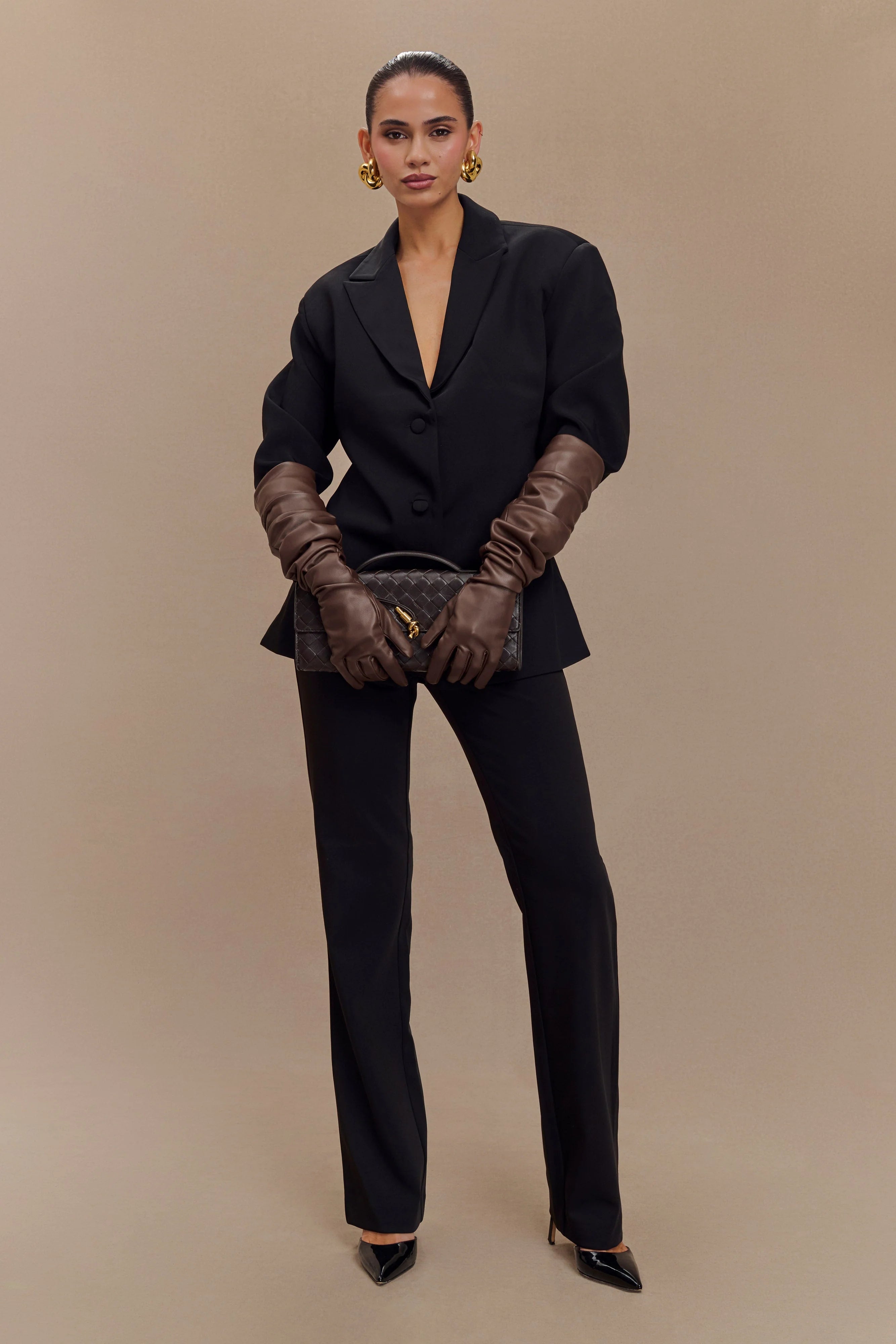 Jasper Faux Leather Elbow Length Gloves Dark Chocolate