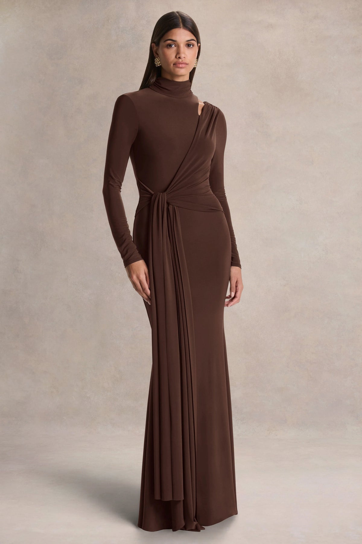 Alastrina Brown High Neck Maxi Dress With Gathered Detailing