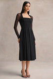 Melinda Black Square Neck Midi Dress With Mesh Detailing
