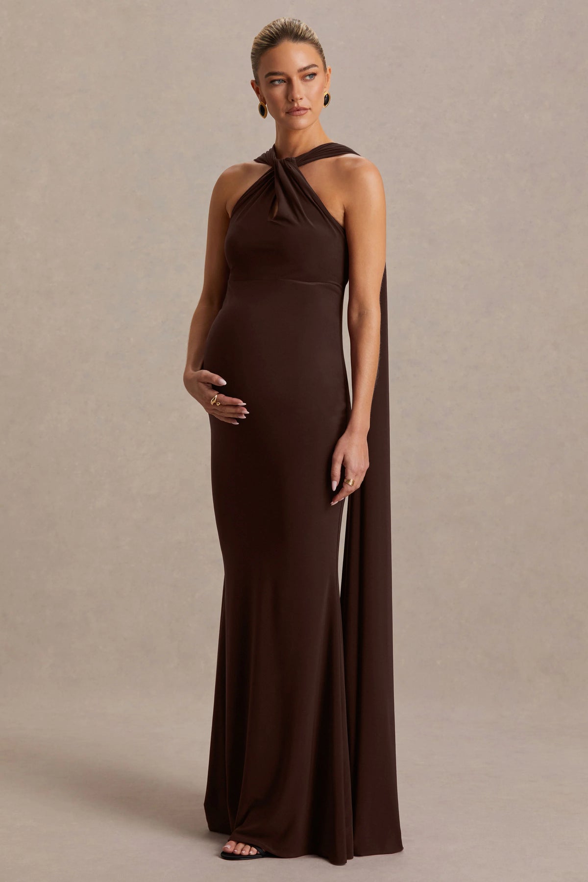 Lyra Brown Cross Halter Neck Maternity Maxi Dress With Cape