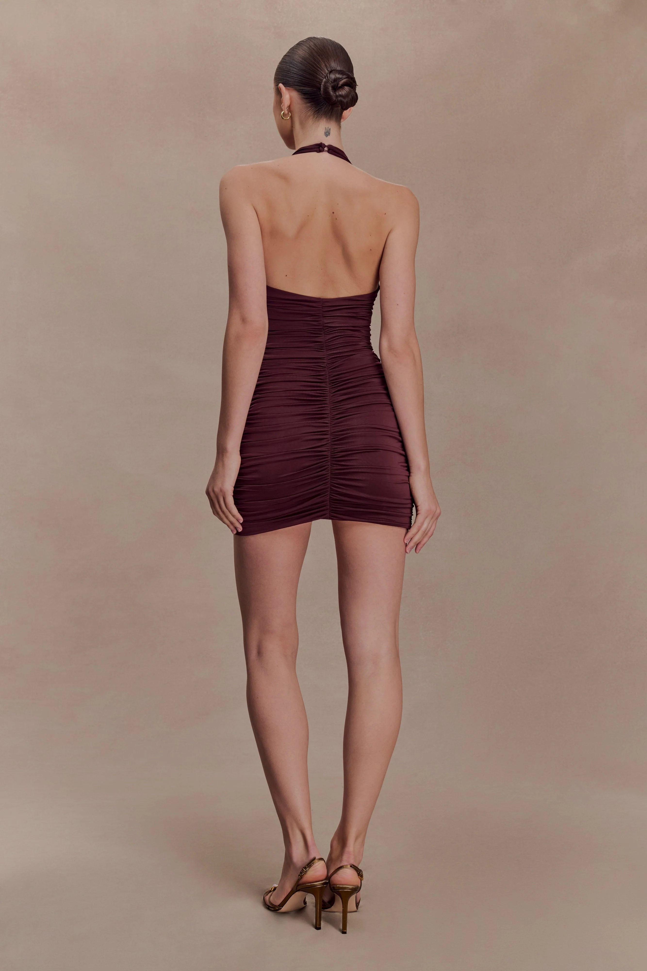 Fleur Ruched Slinky Mini Dress Mahogany