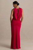 Serafina Red Extreme Plunge Maxi Dress With Ruched Detailing And Open Back