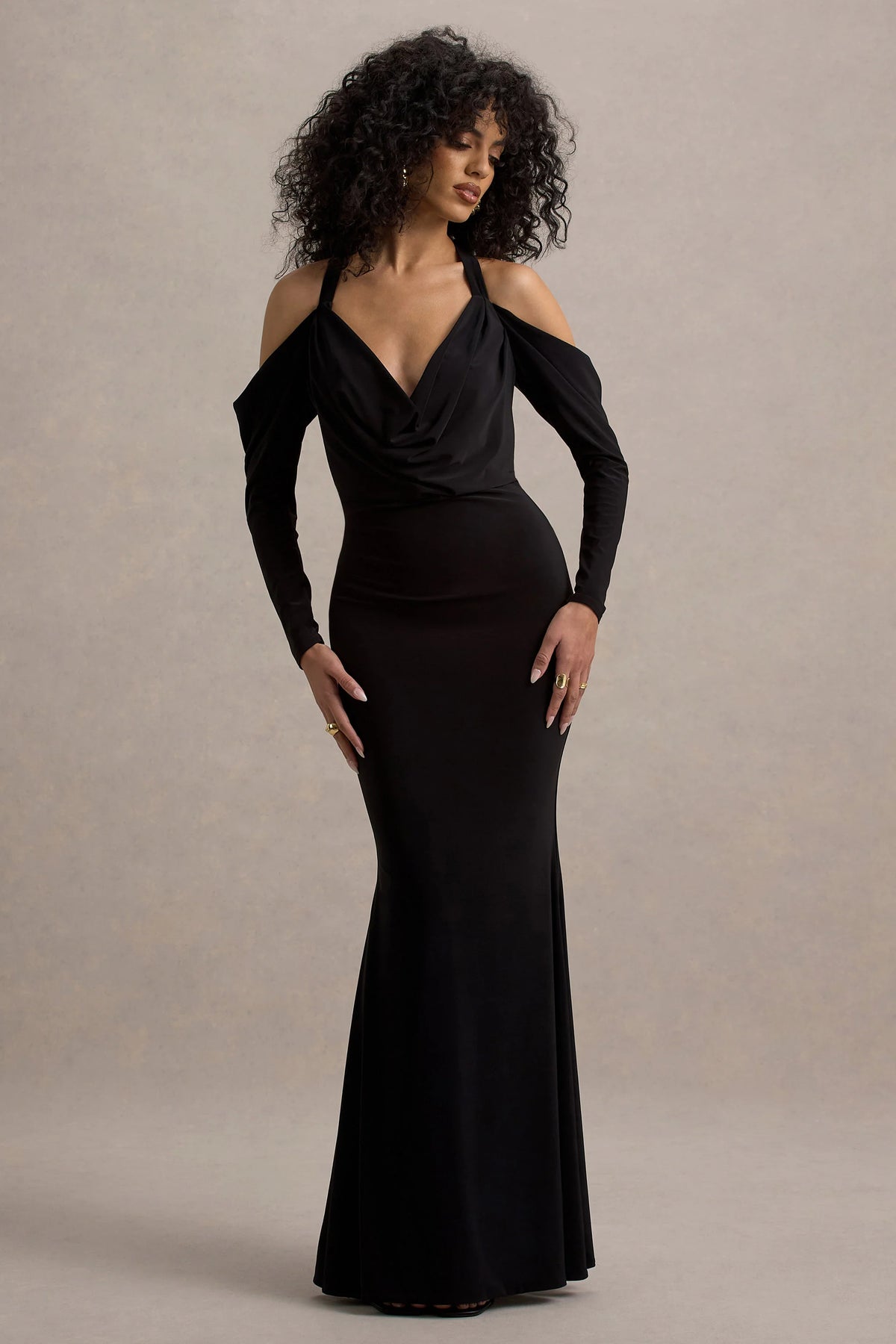 Hurghada Black Plunge Neck Long Sleeve Maxi Dress