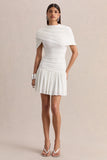 Fenella White High Neck Mini Dress With Cape Sleeves And Ruched Detailing