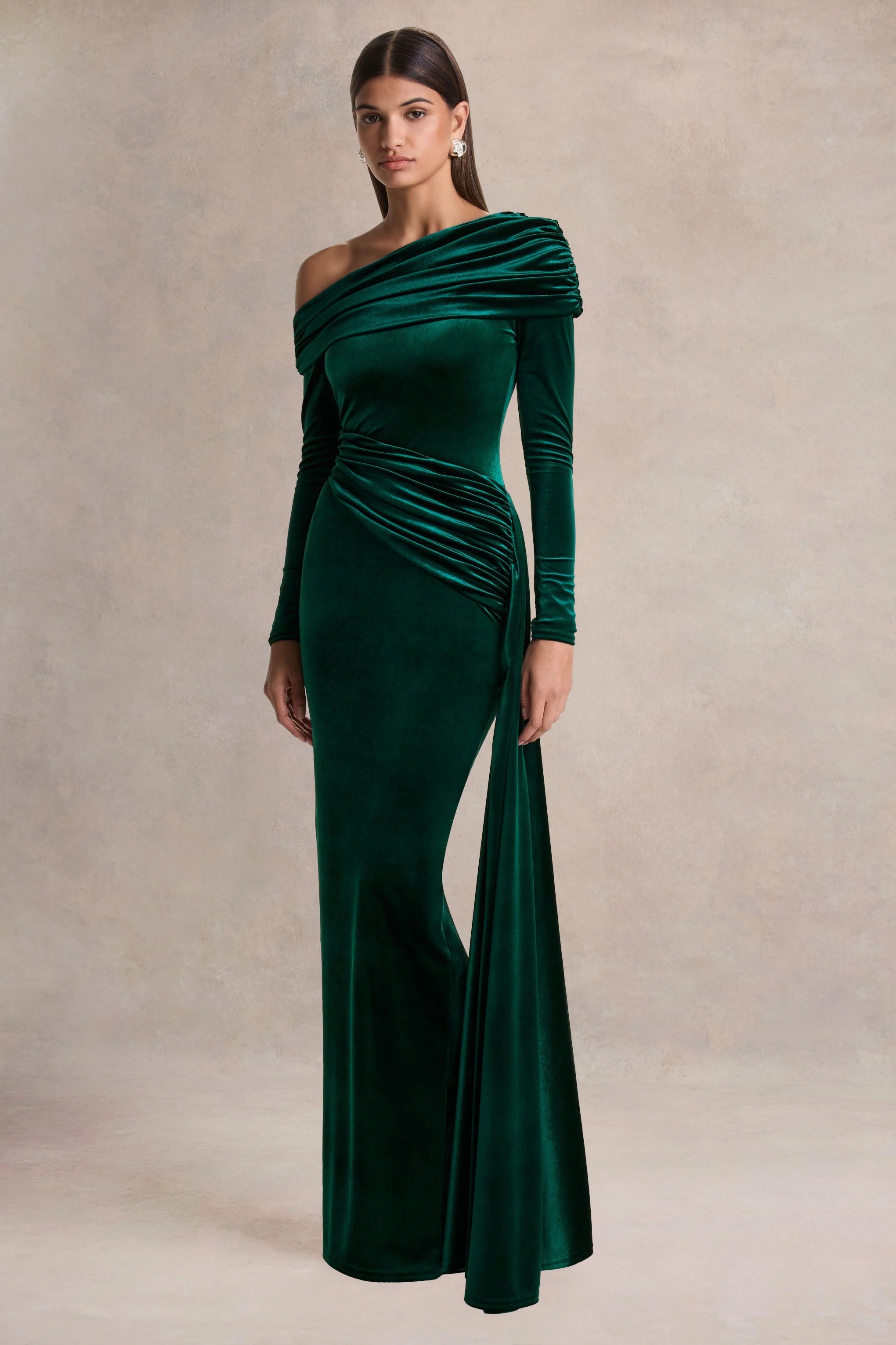 Hadria Bottle Green Velvet Asymmetric Neck Maxi Dress With Sash Detail