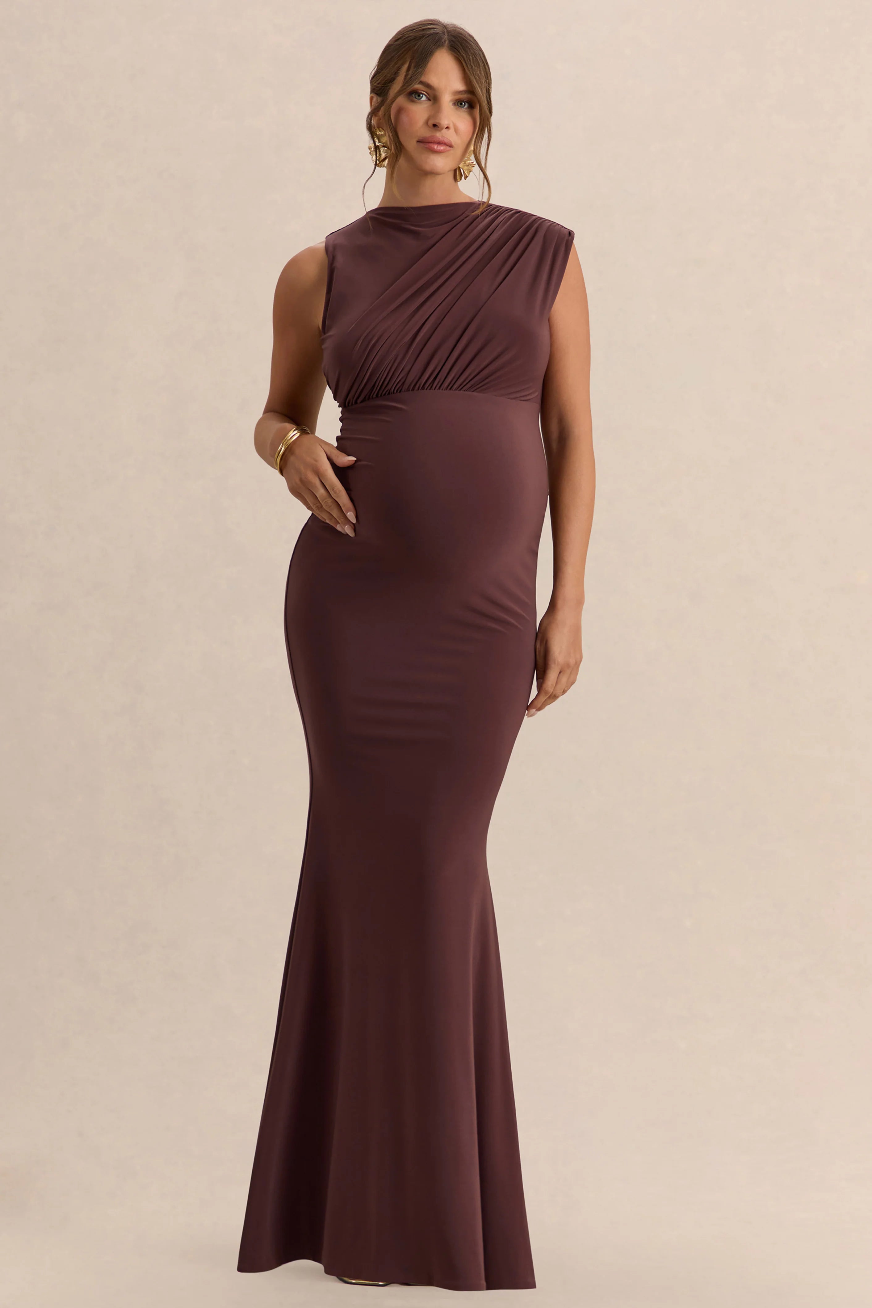 Osanna Dark Brown Wide Neck Maternity Maxi Dress With Ruched Detailing