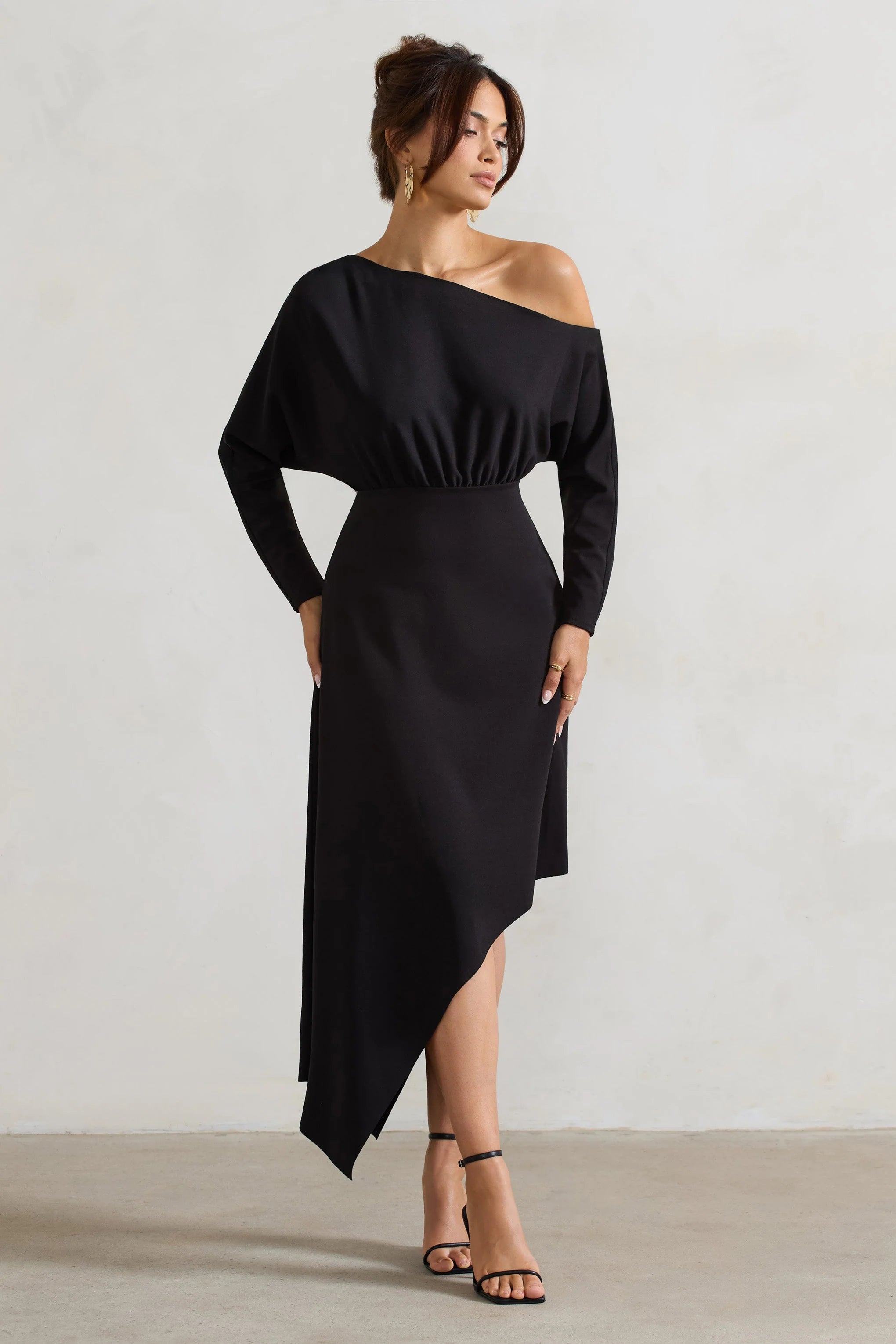 Lori Black Asymmetric Long Sleeve Maxi Dress