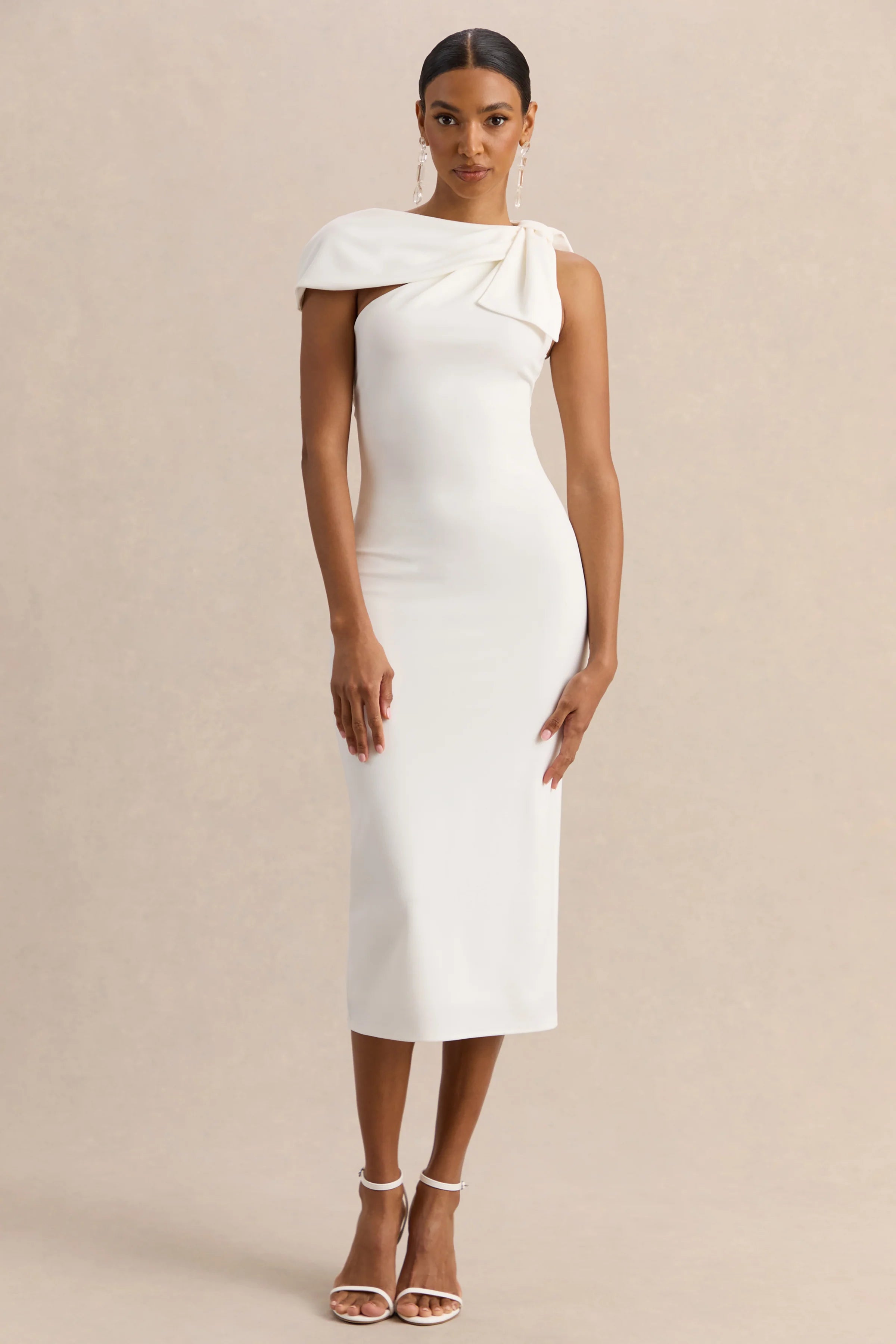 Clarina White Asymmetric Neck Midi Dress With Bow Detail