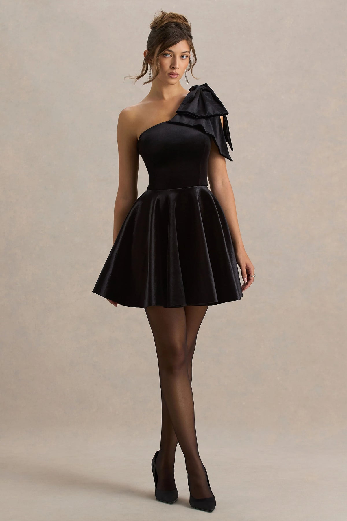 Keeley Black Asymmetric Neck Velvet Mini Dress With Bow Detail