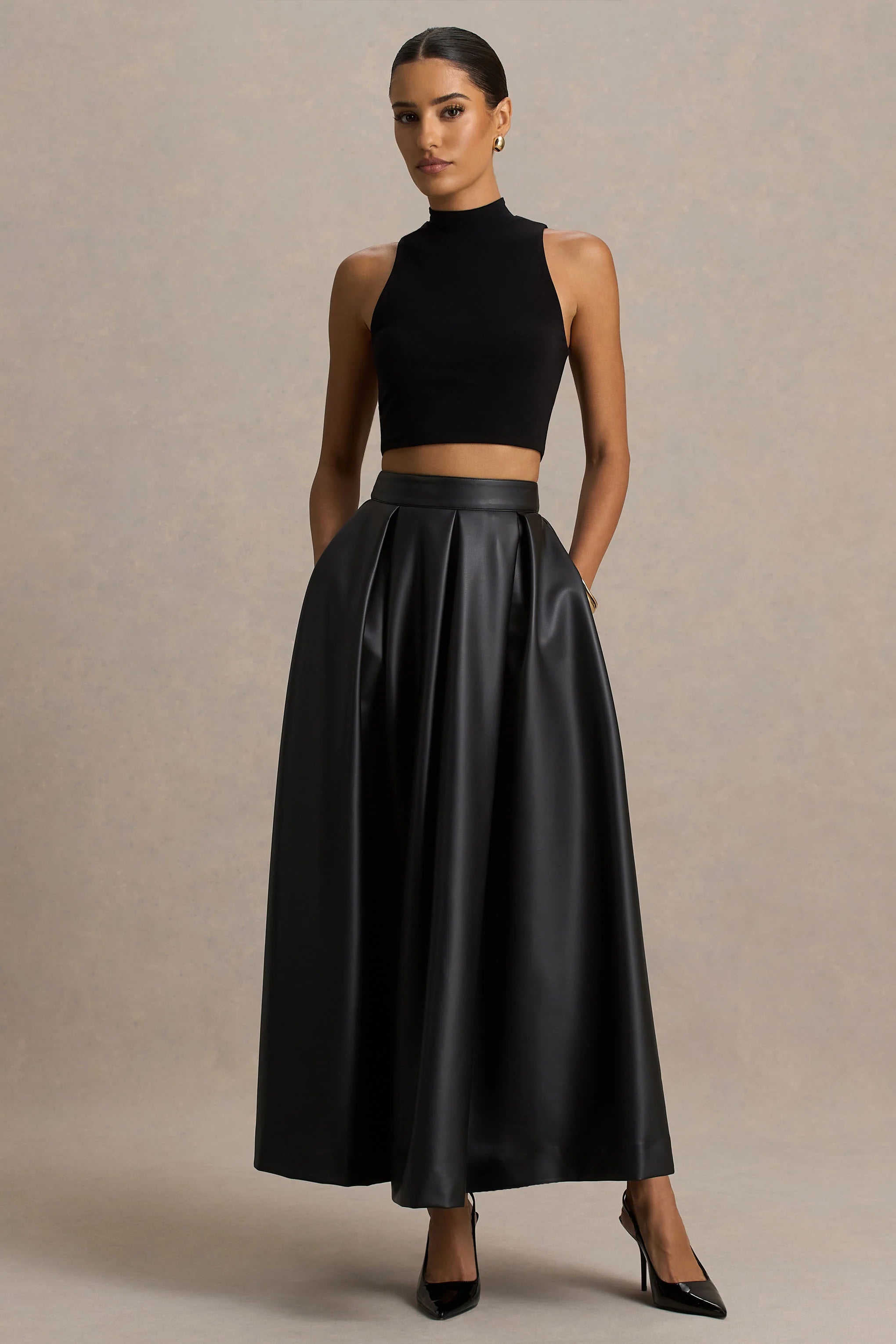 Noa Black Faux Leather A Line Midi Skirt