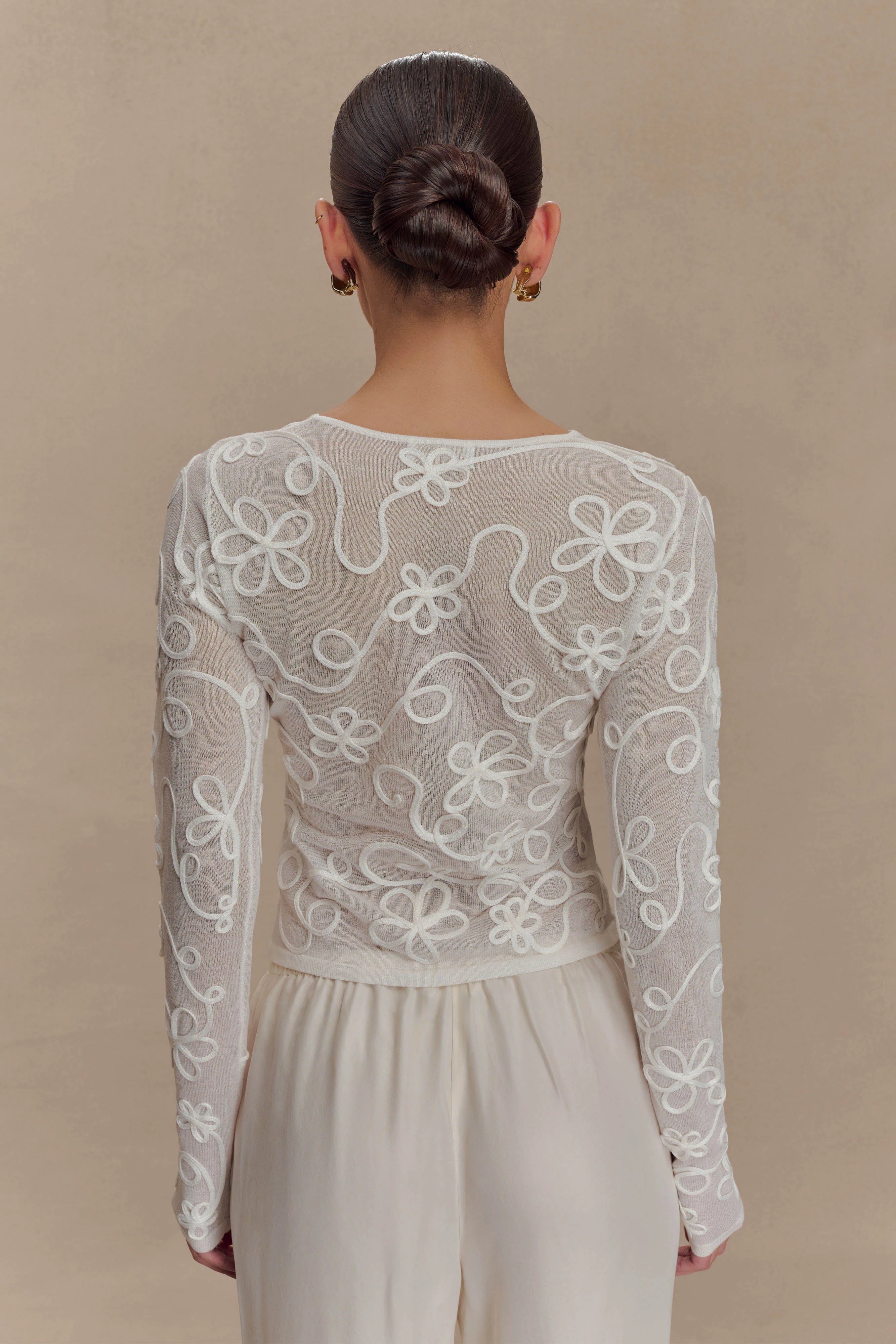 Omari Embroidery Long Sleeve Knit Top Ivory