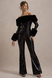 Lunar Black Sequin Bardot Flared Leg Jumpsuit With Fur
