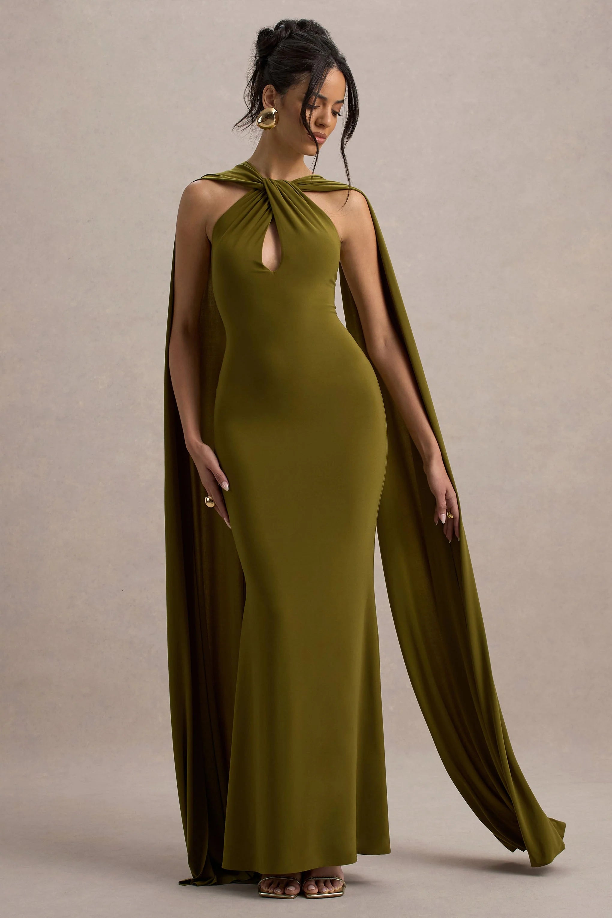 Rhoda Green Twist Halter Neck Cape Maxi Dress