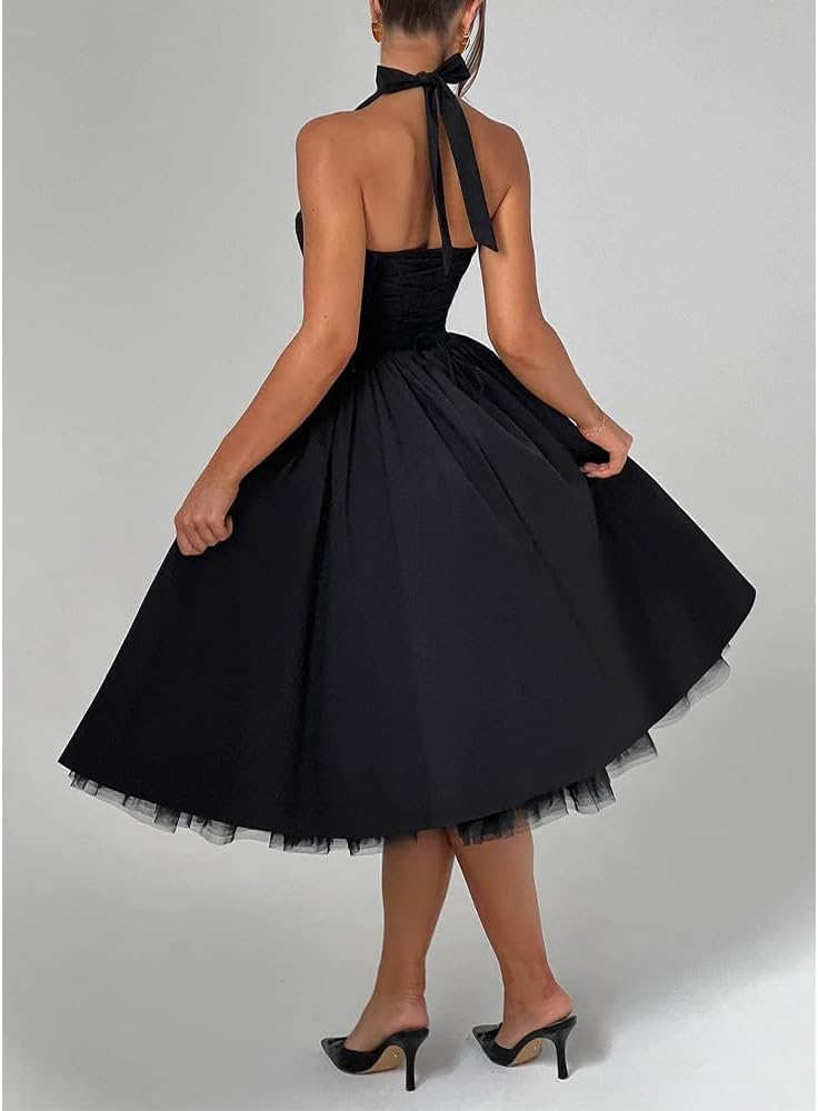 Women Halter Midi Dress Corset Back Layered Tulle Skirt A Line Formal Dresses Wedding Guest Bridal Shower