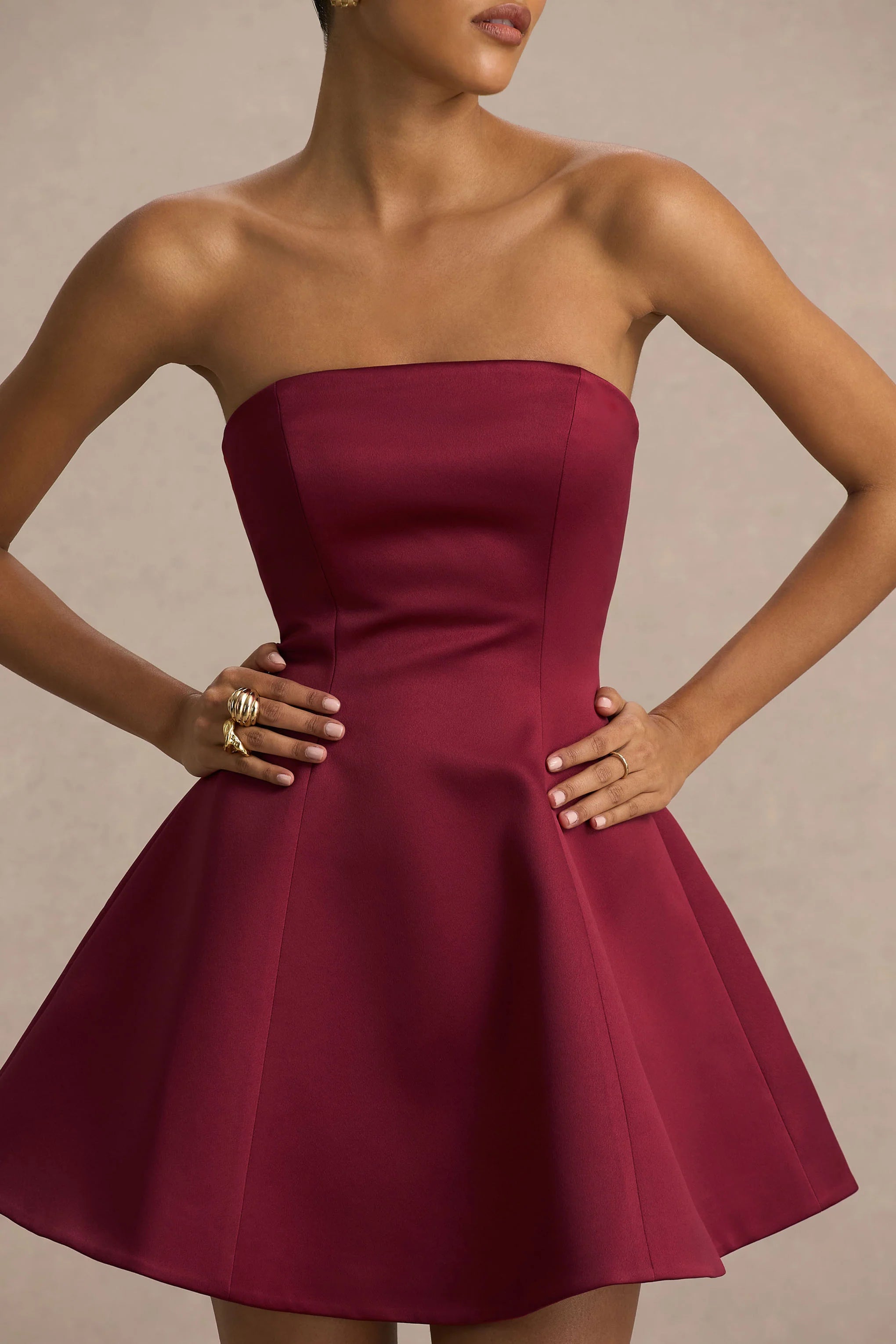 Lioray Burgundy Satin Bandeau Neck A Line Mini Dress