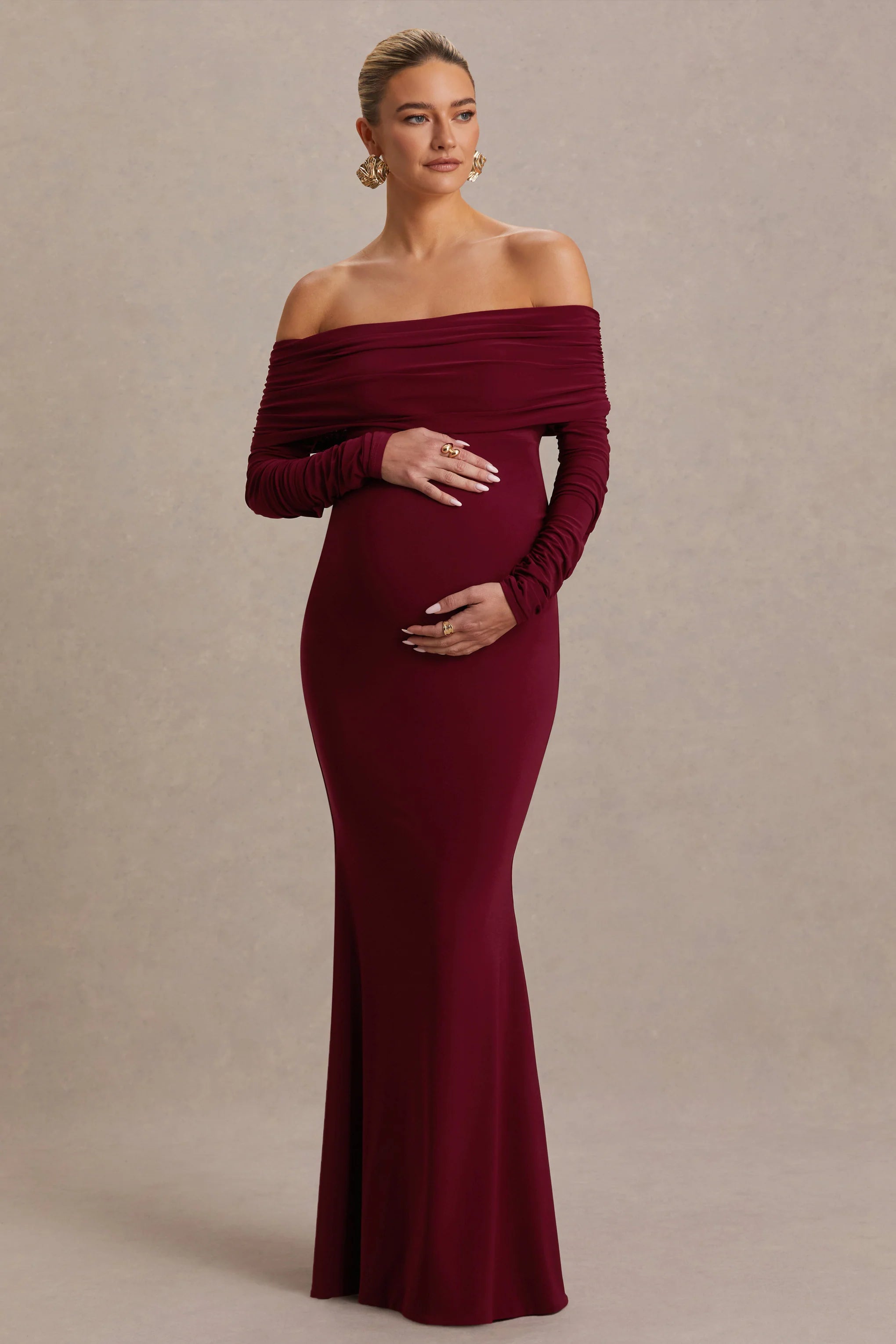 Odessa Berry Bardot Neck Maternity Maxi Dress