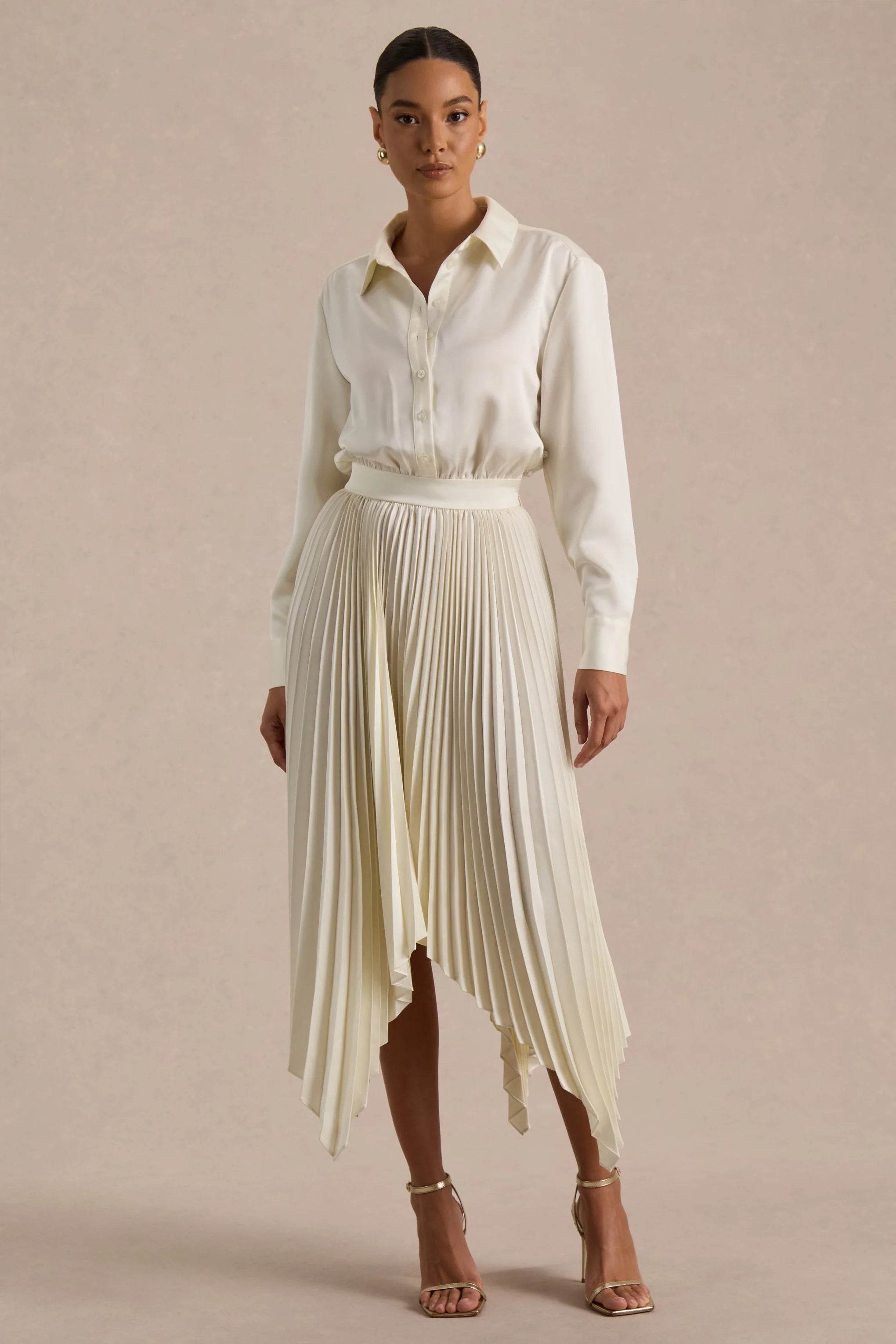 Naxos Cream Satin Shirt Maxi Dress With Pleated Skirt