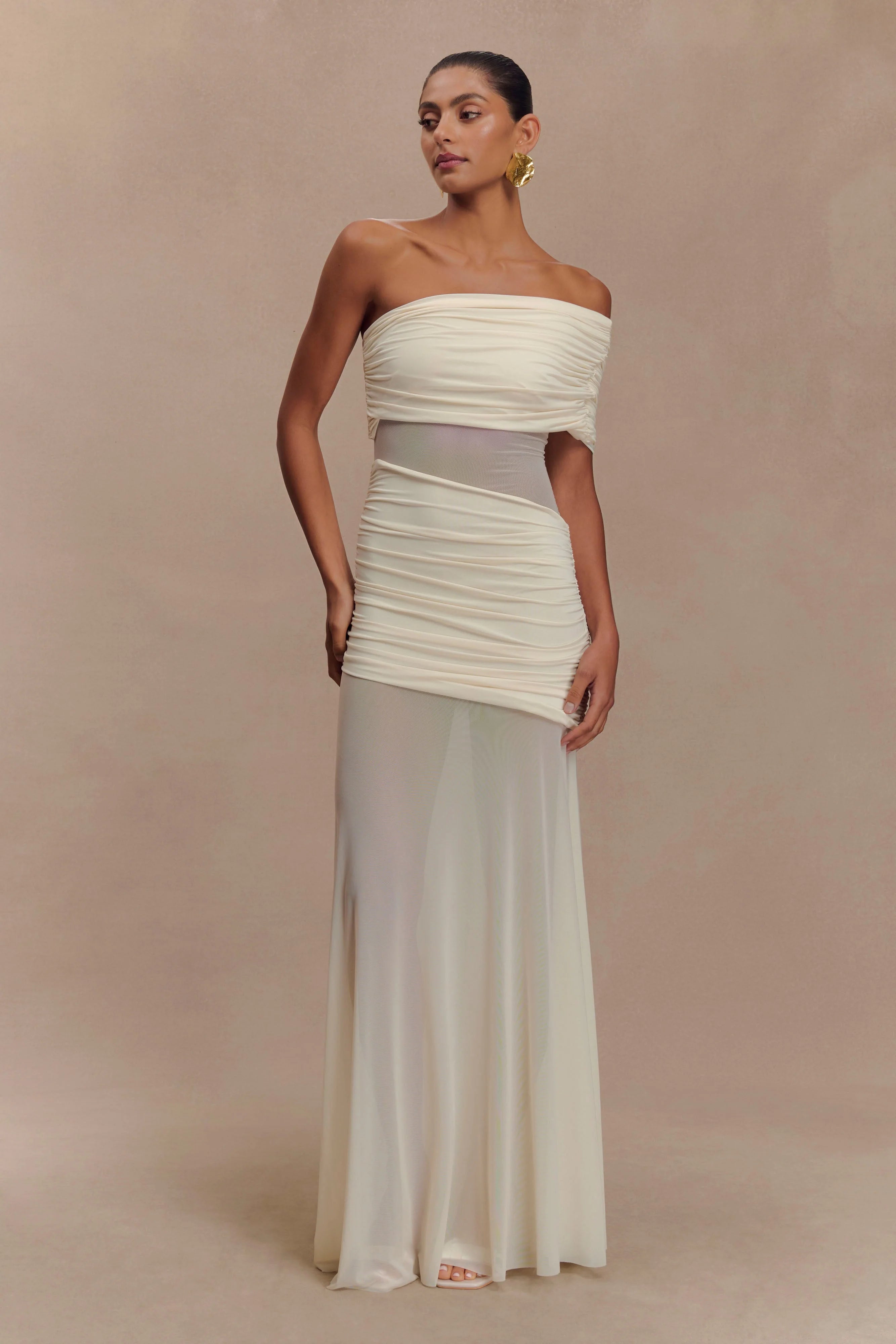 Dallas One Shoulder Mesh Maxi Dress Ivory