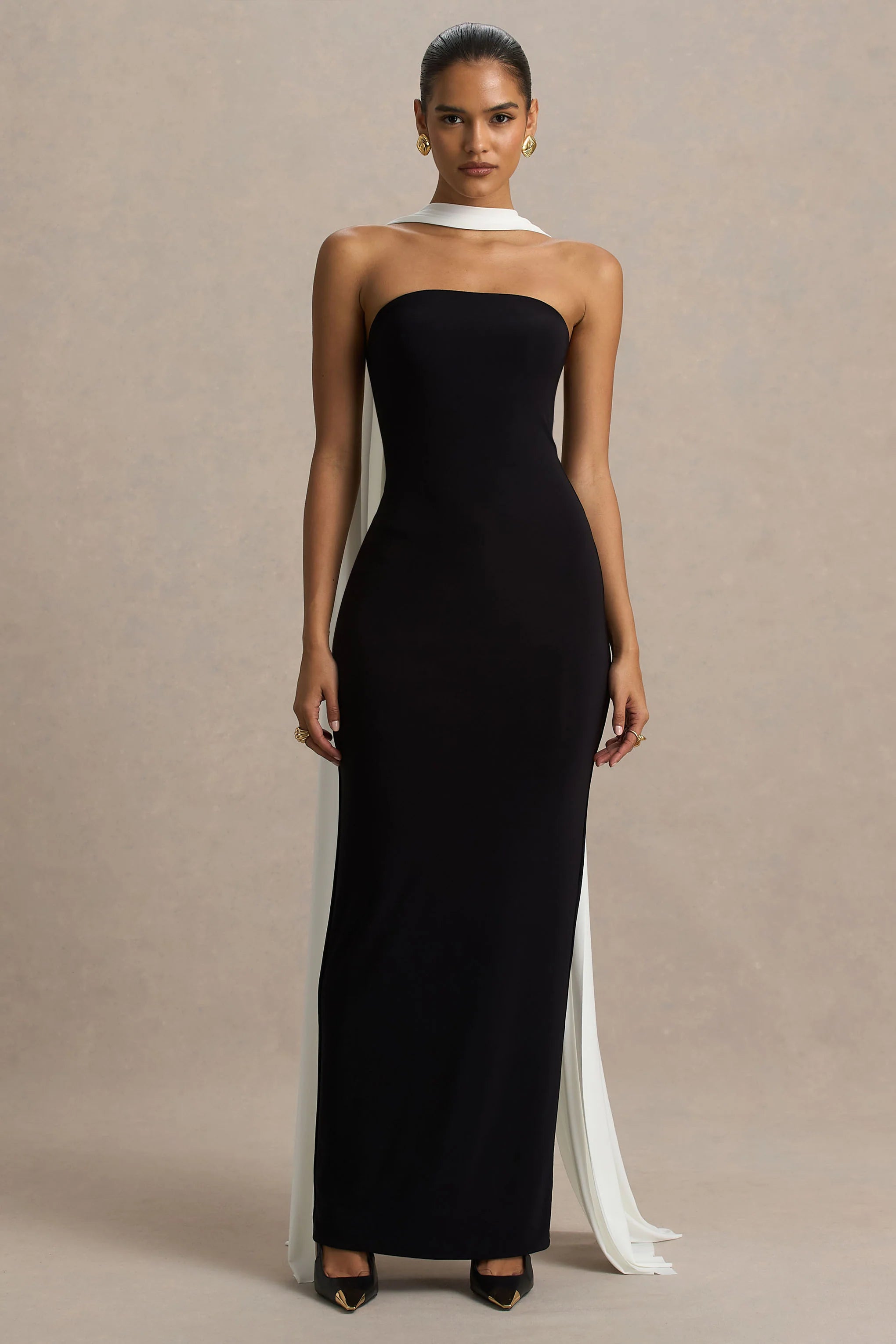 Kelilah Black And White Bandeau Maxi Dress With Scarf Detail