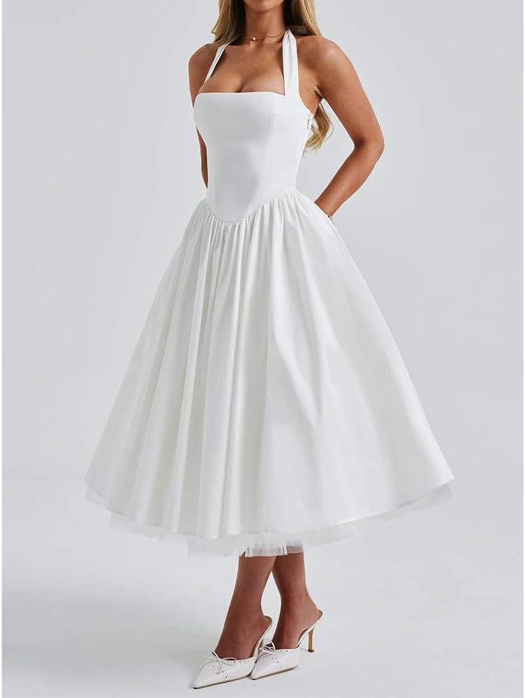 Women Halter Midi Dress Corset Back Layered Tulle Skirt A Line Formal Dresses Wedding Guest Bridal Shower