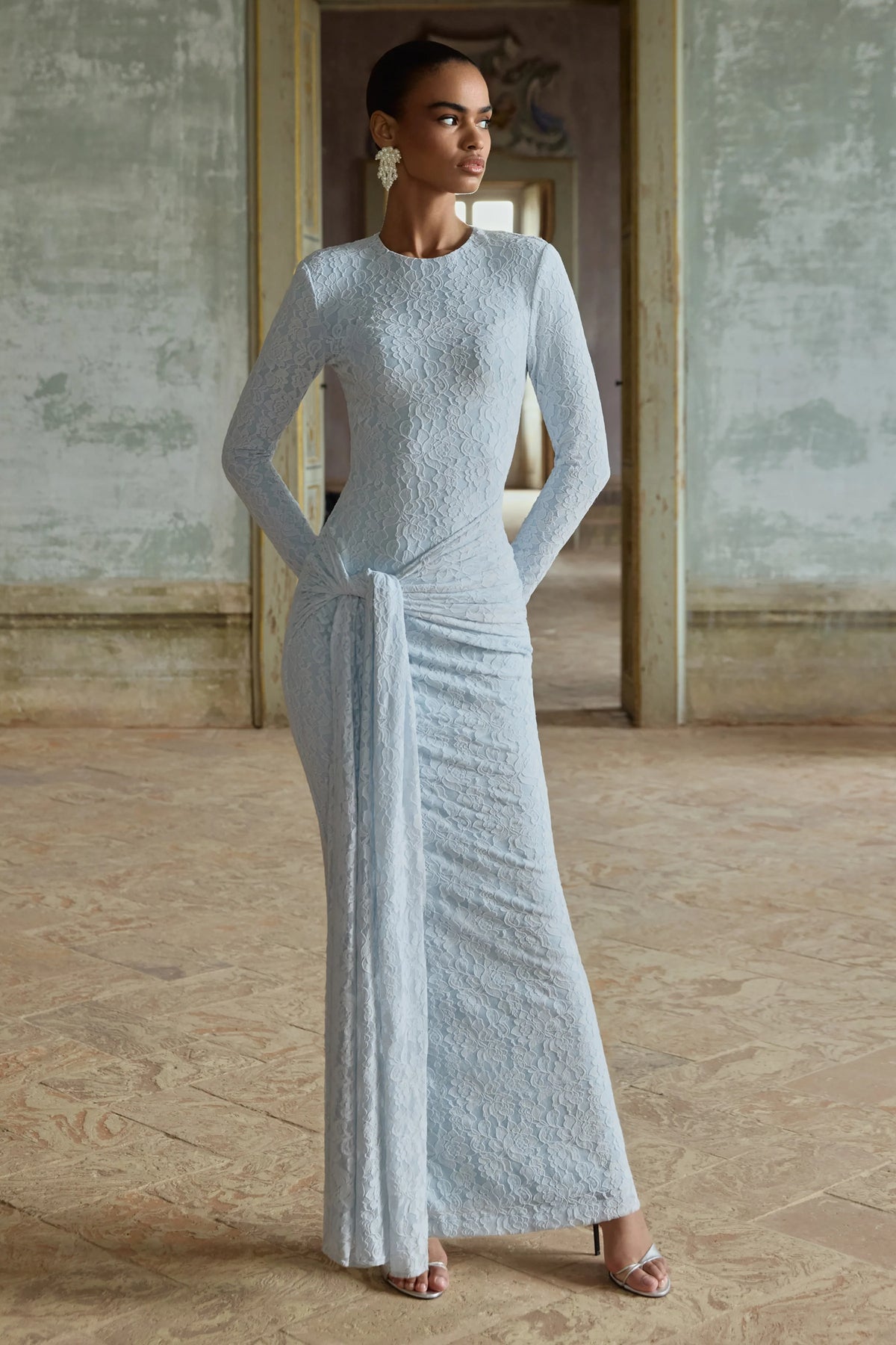 Evangela Powder Blue Lace Crew Neck Maxi Dress With Wrap Detail