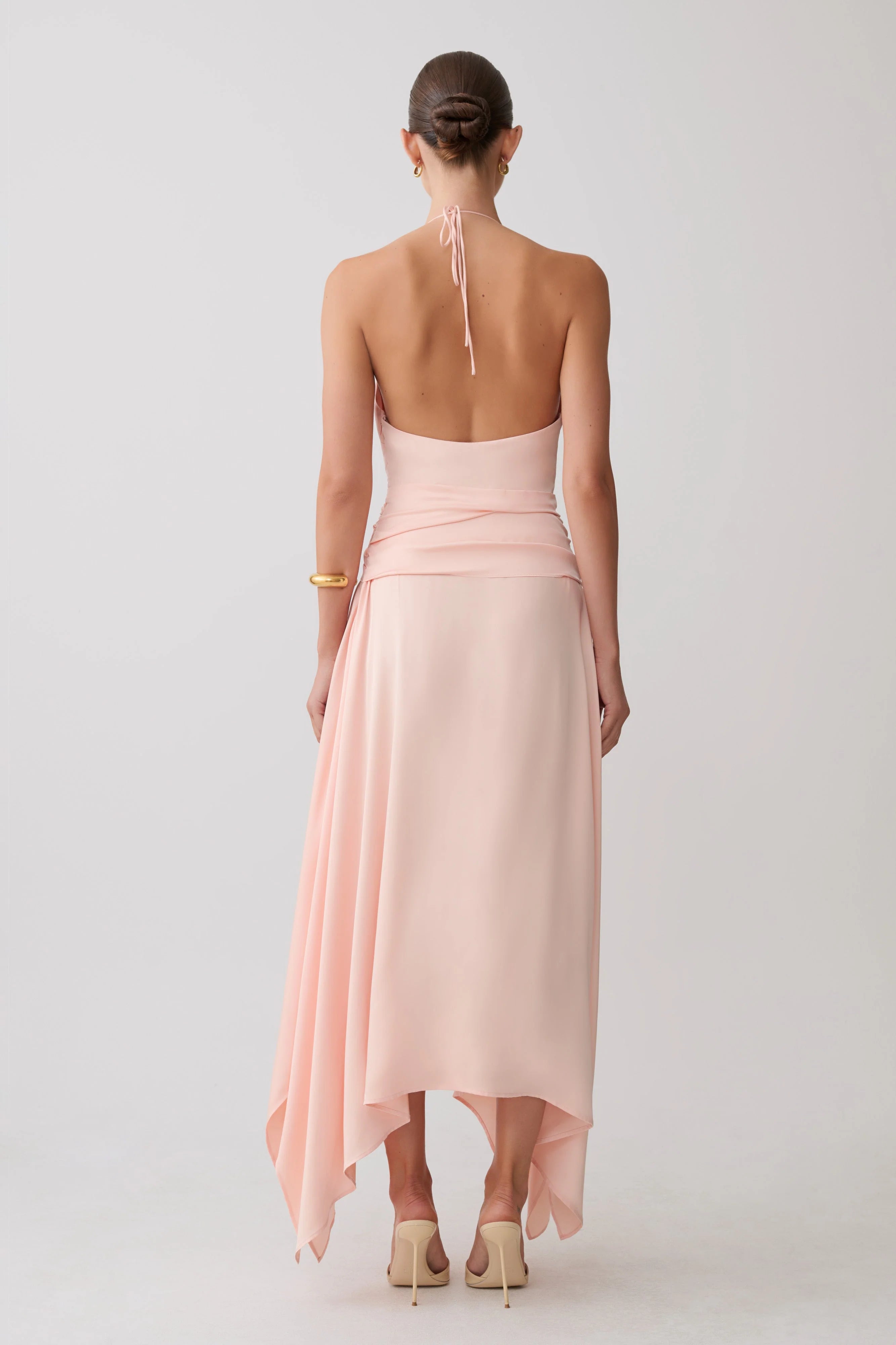 Cyra Plunge Satin Midi Dress Peach