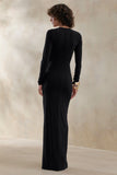 Desirelle Black Crew Neck Maxi Dress With Gathered Detailing
